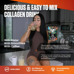VEDGE collagen powder blended into smoothie highlights convenient plant-based protein.