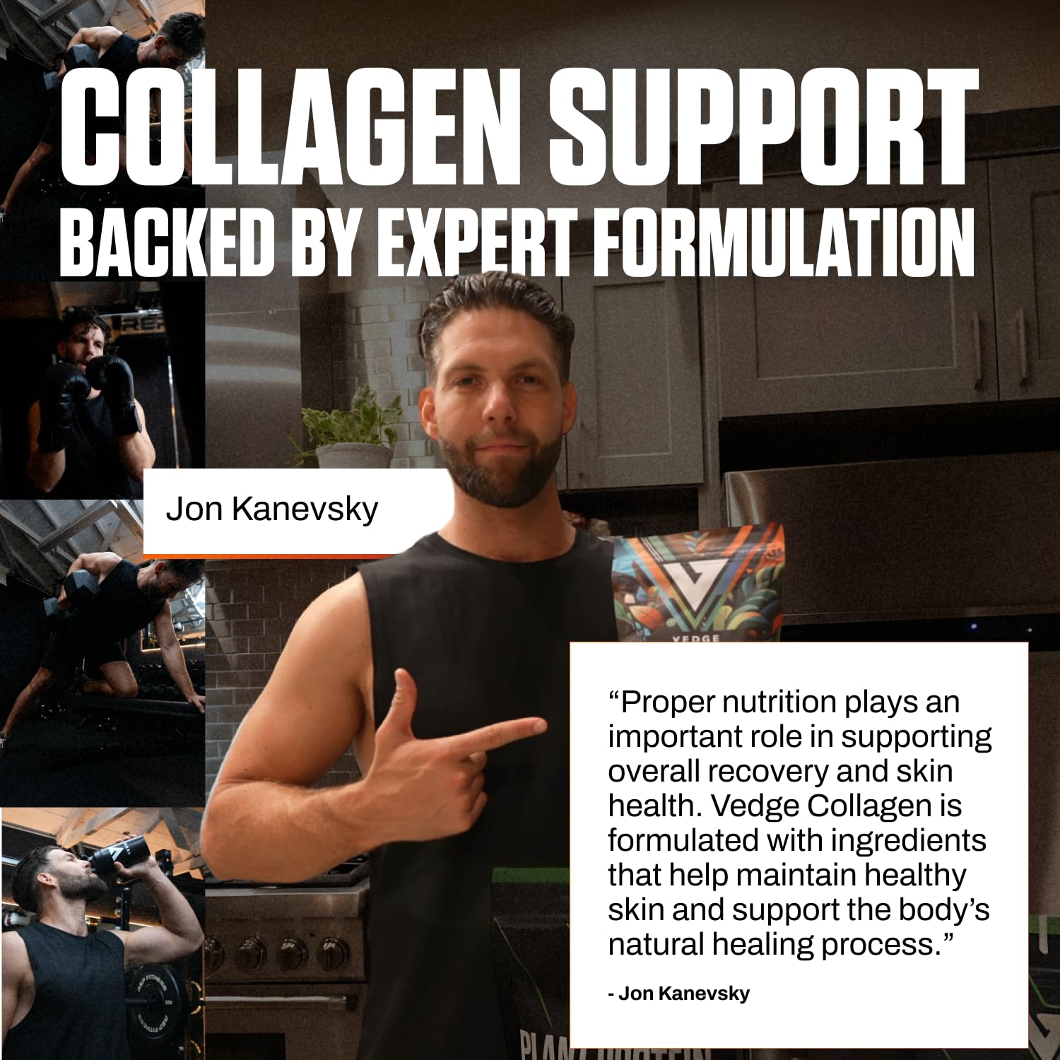 VEDGE vegan collagen powder bottle on counter showcases Made in USA quality.