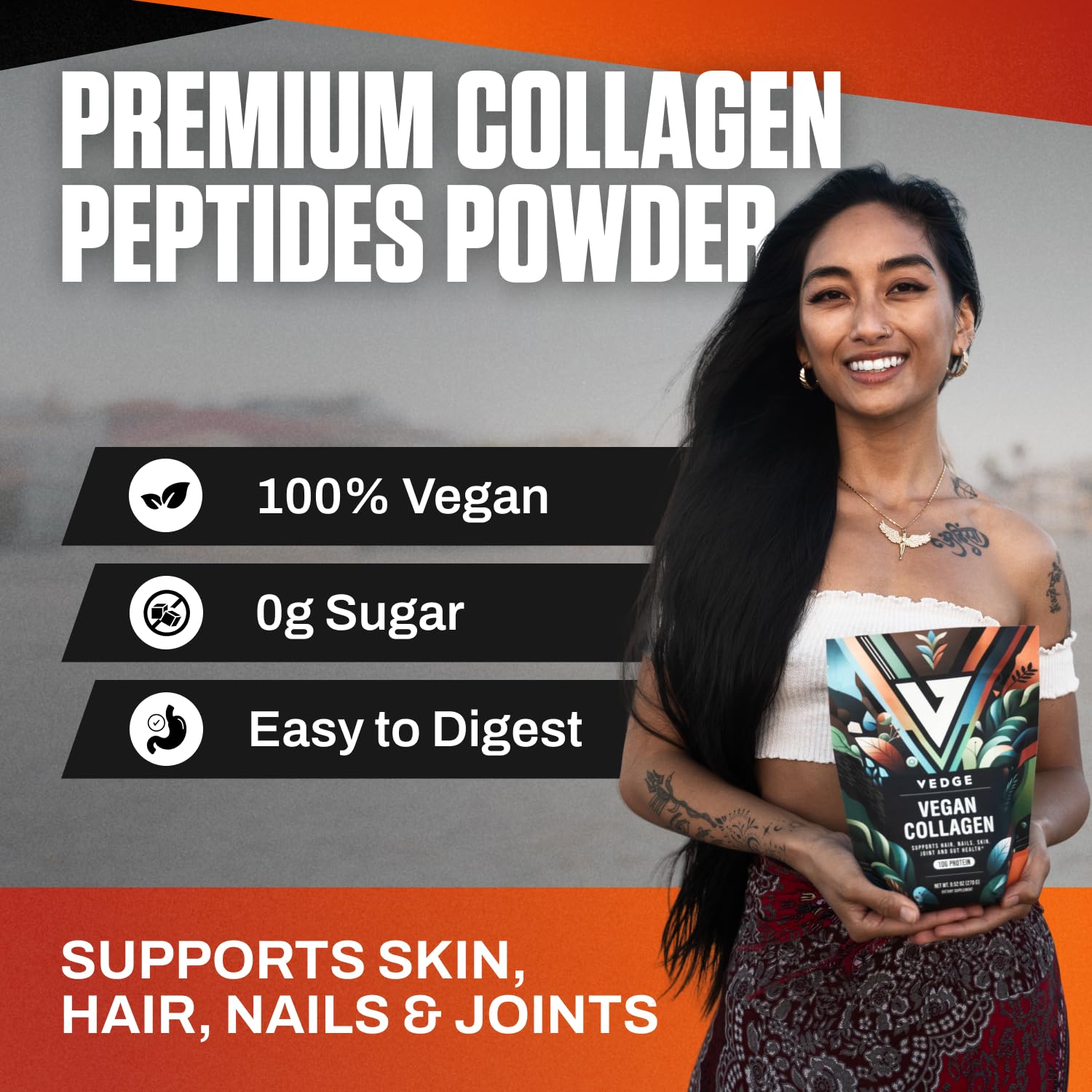 VEDGE vegan collagen powder scoop ready for quick, flavorless protein addition.