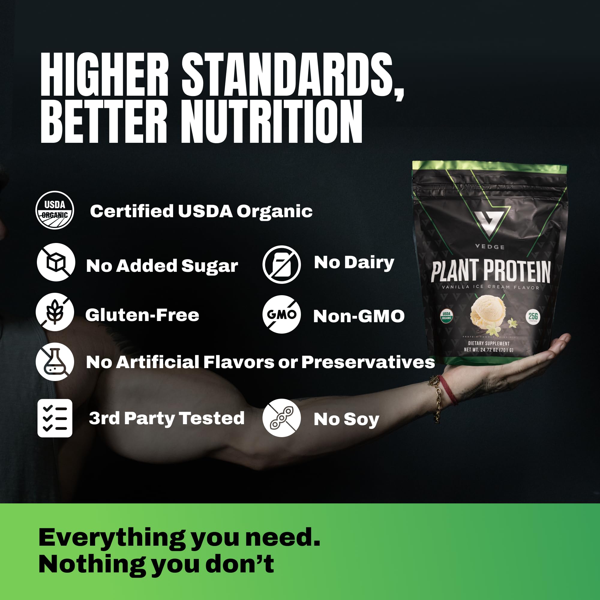 VEDGE vegan protein powder bottle label emphasizes gluten-free dairy-free