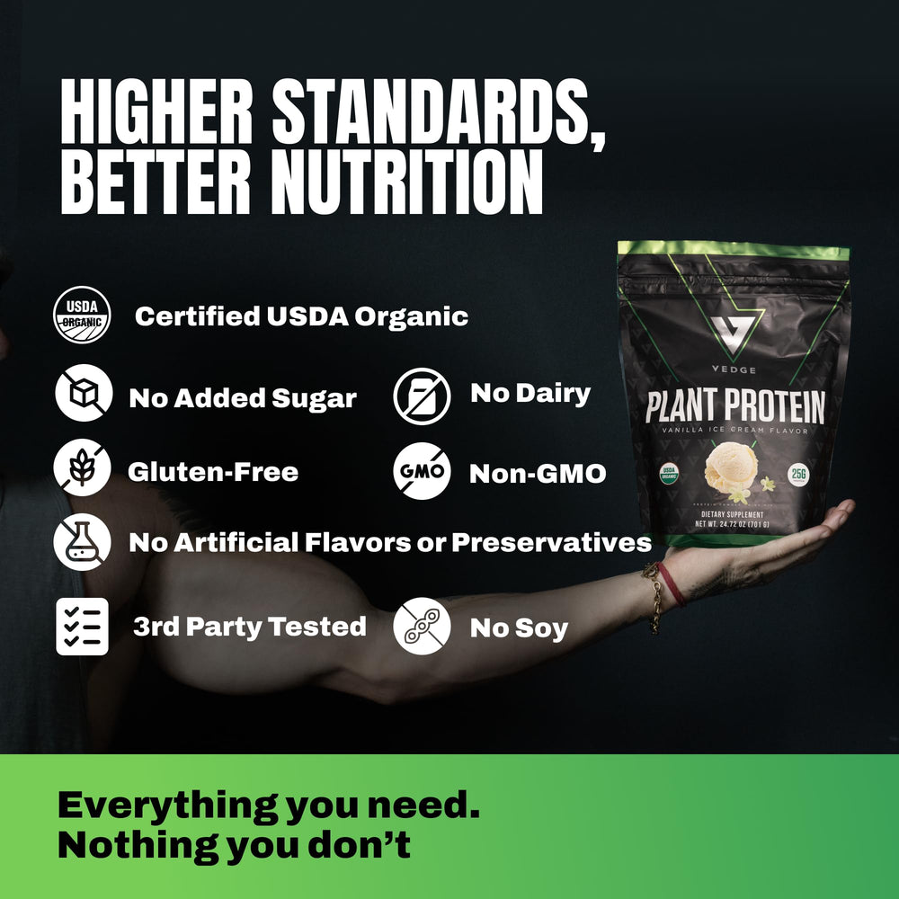 VEDGE vegan protein powder bottle label emphasizes gluten-free dairy-free