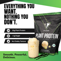 VEDGE vegan protein powder vanilla tub back showing organic certifications