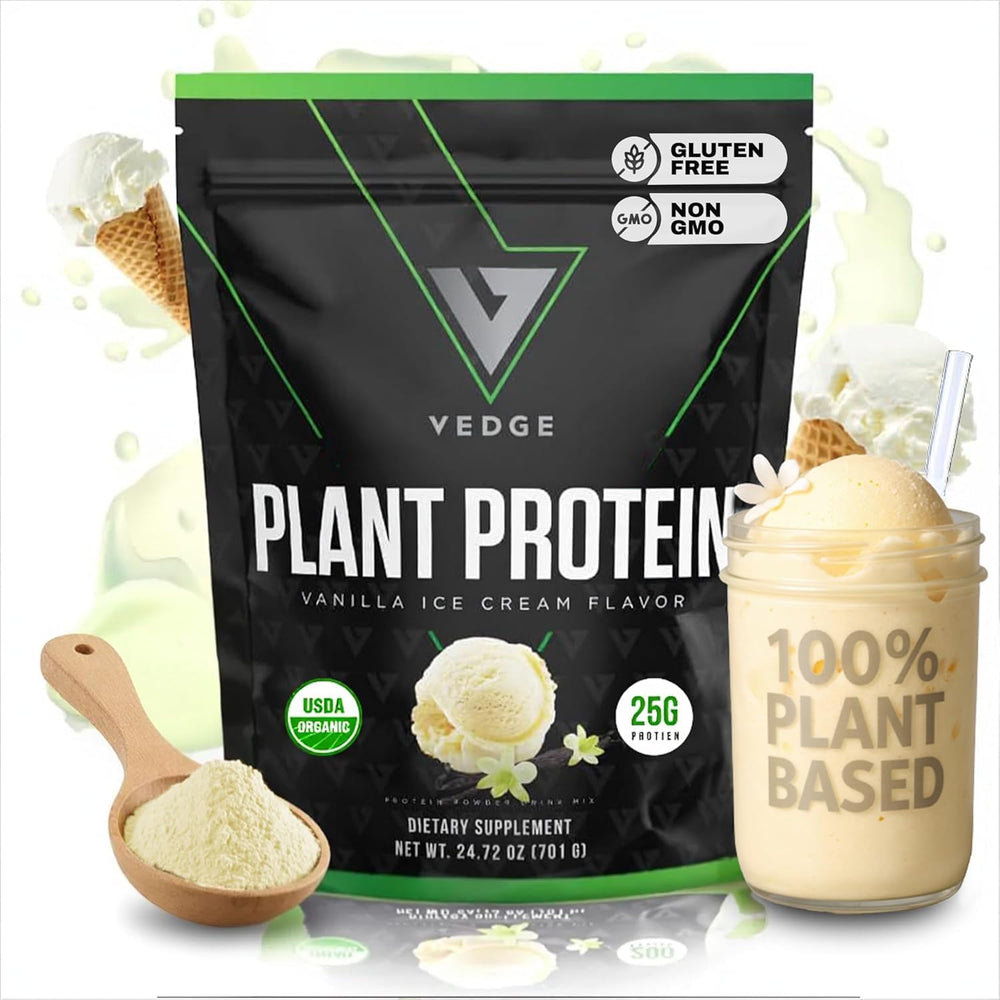 VEDGE vegan protein powder vanilla tub front for post-workout shakes