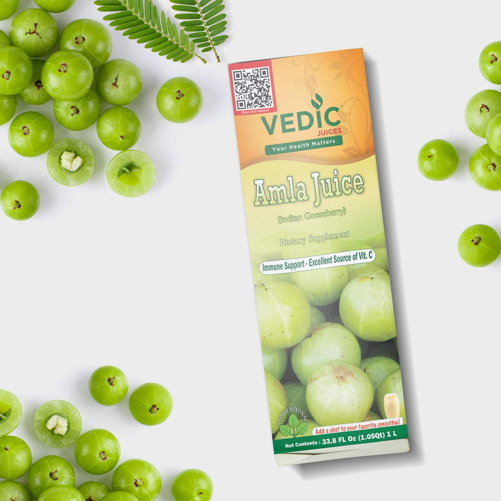 Vedic Juices Amla Juice label highlights a 1 liter bottle for home use