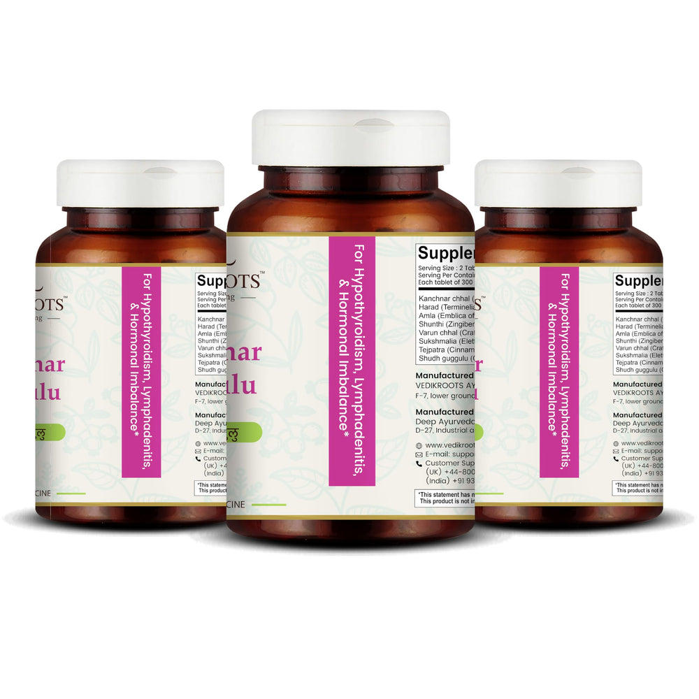 Close-up of Vedikroots Kanchnar Guggulu tablets in a pure herbal formulation