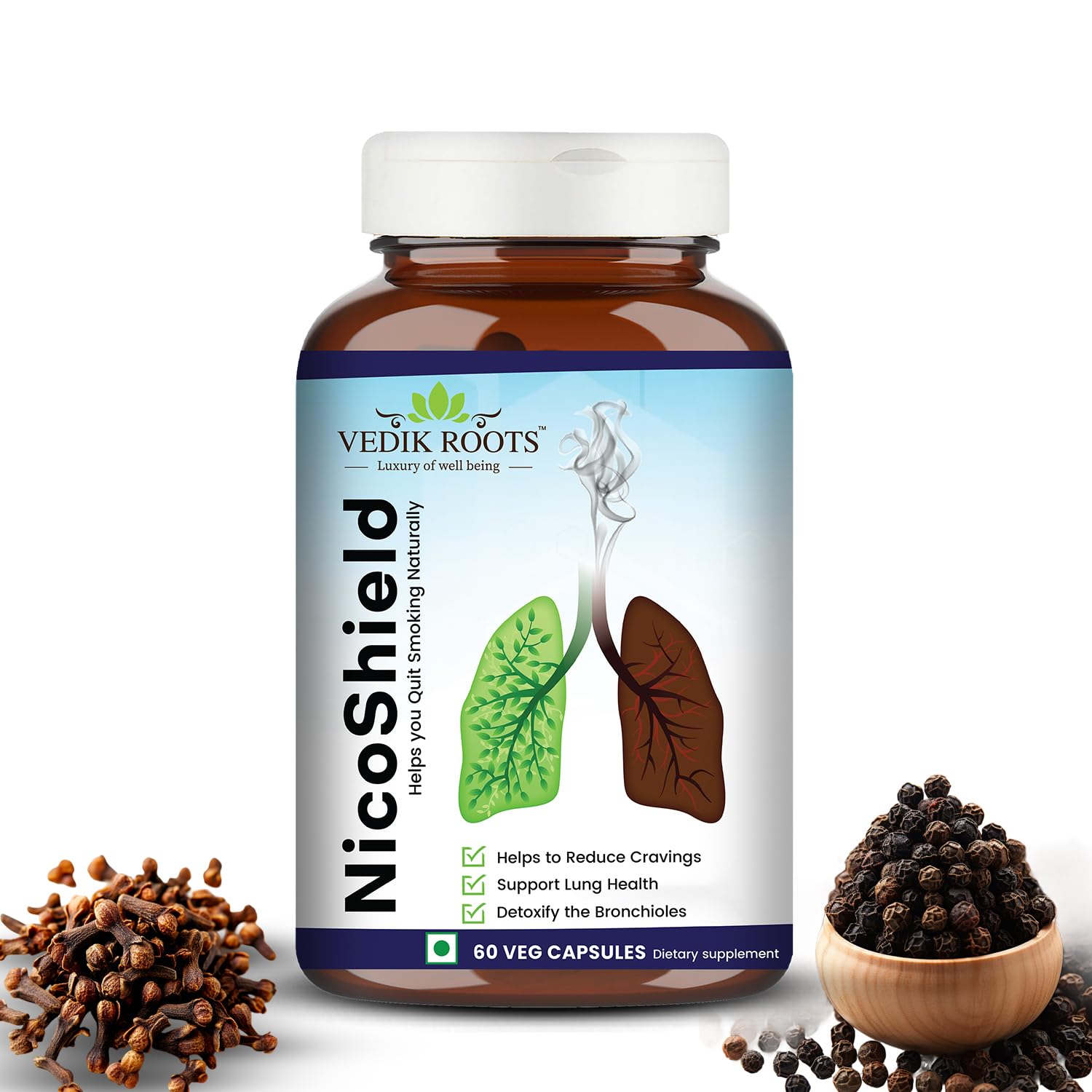 VEDIKROOTS NicoShield bottle with capsules for daily use during lifestyle changes.