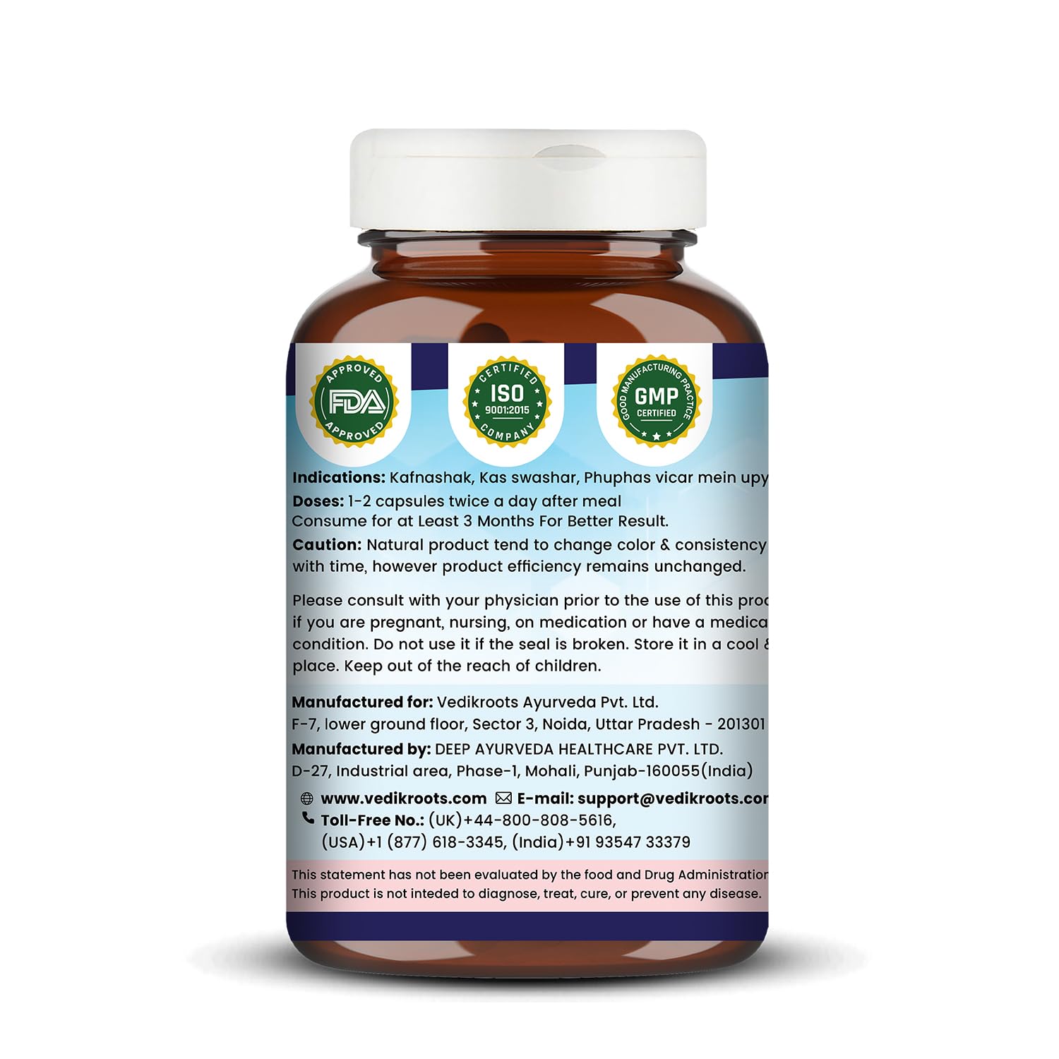 VEDIKROOTS NicoShield capsules close-up showing herbal blend for wellness.