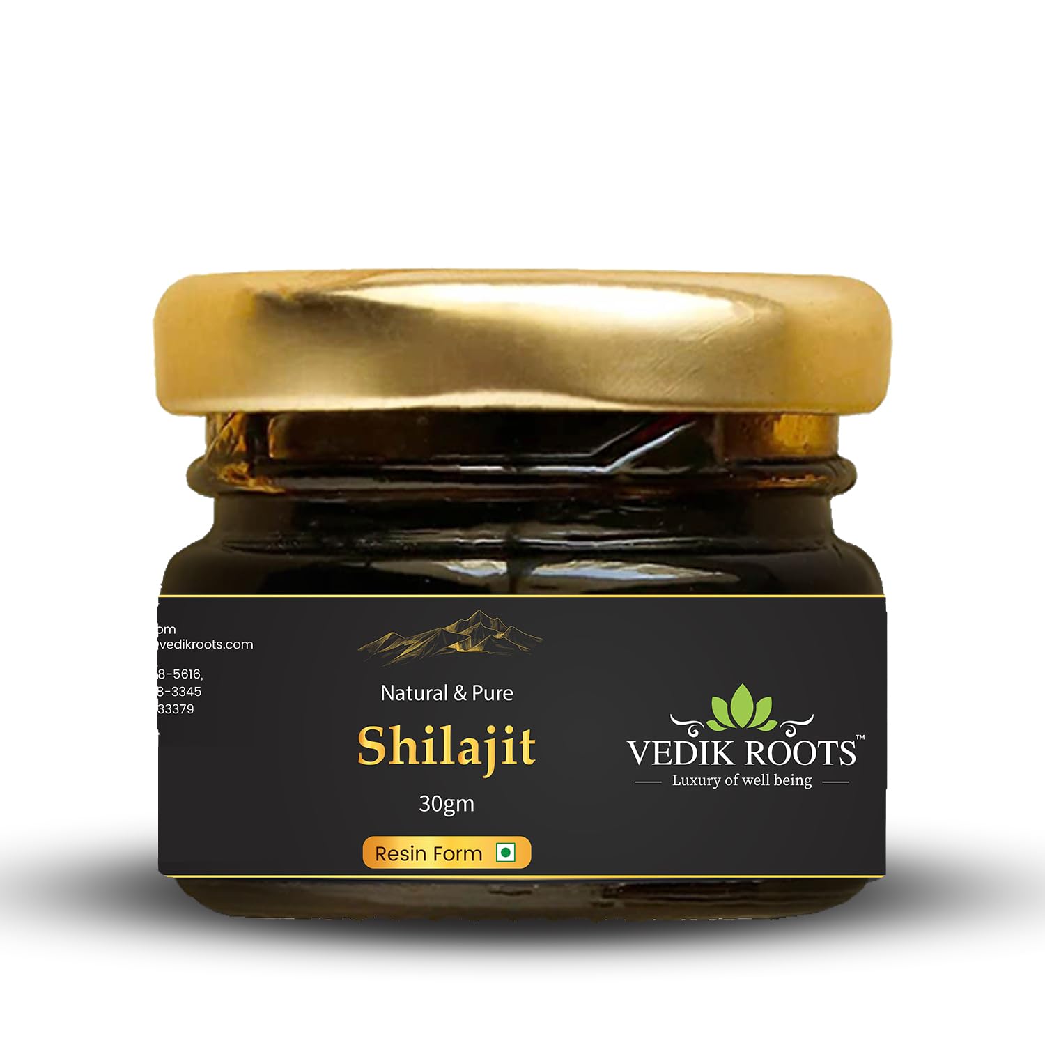 VEDIKROOTS Shilajit resin pour close-up highlighting rich texture for daily use