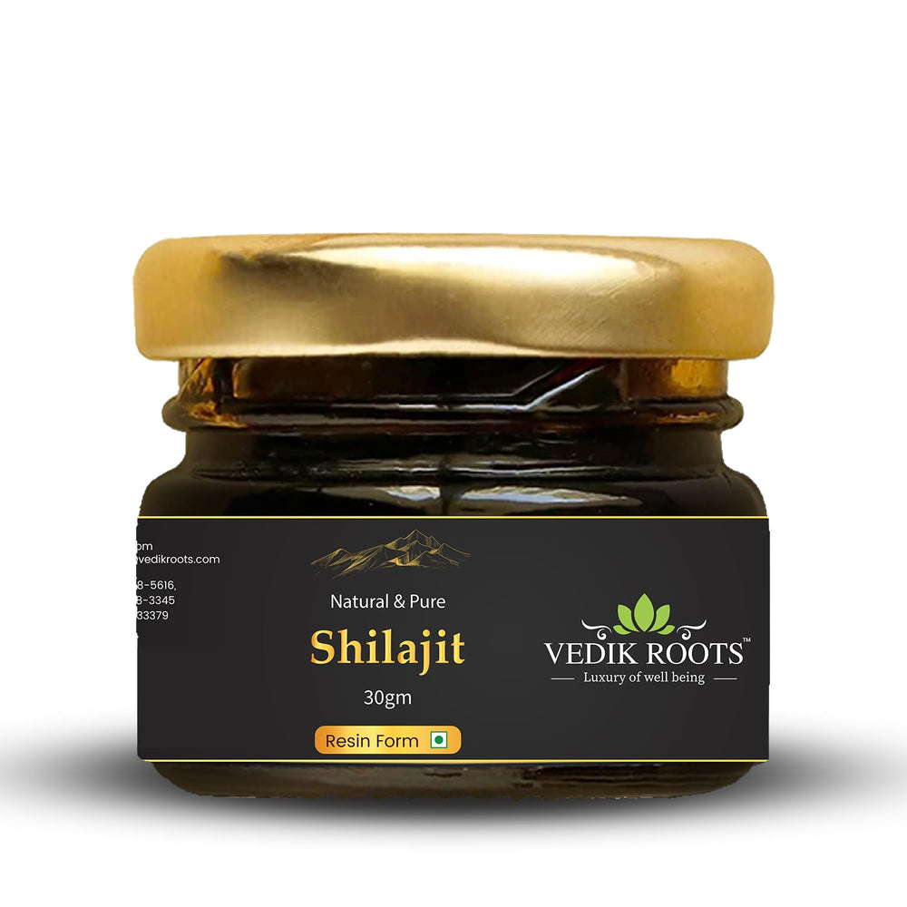 VEDIKROOTS Shilajit resin pour close-up highlighting rich texture for daily use