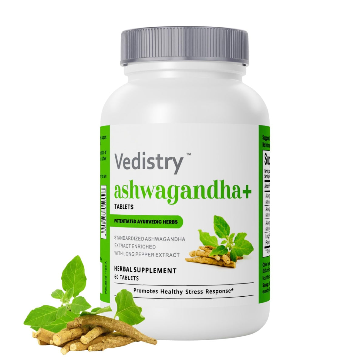 Vedistry Ashwagandha+ 1100mg bottle with clear label—stress relief and mood balance.