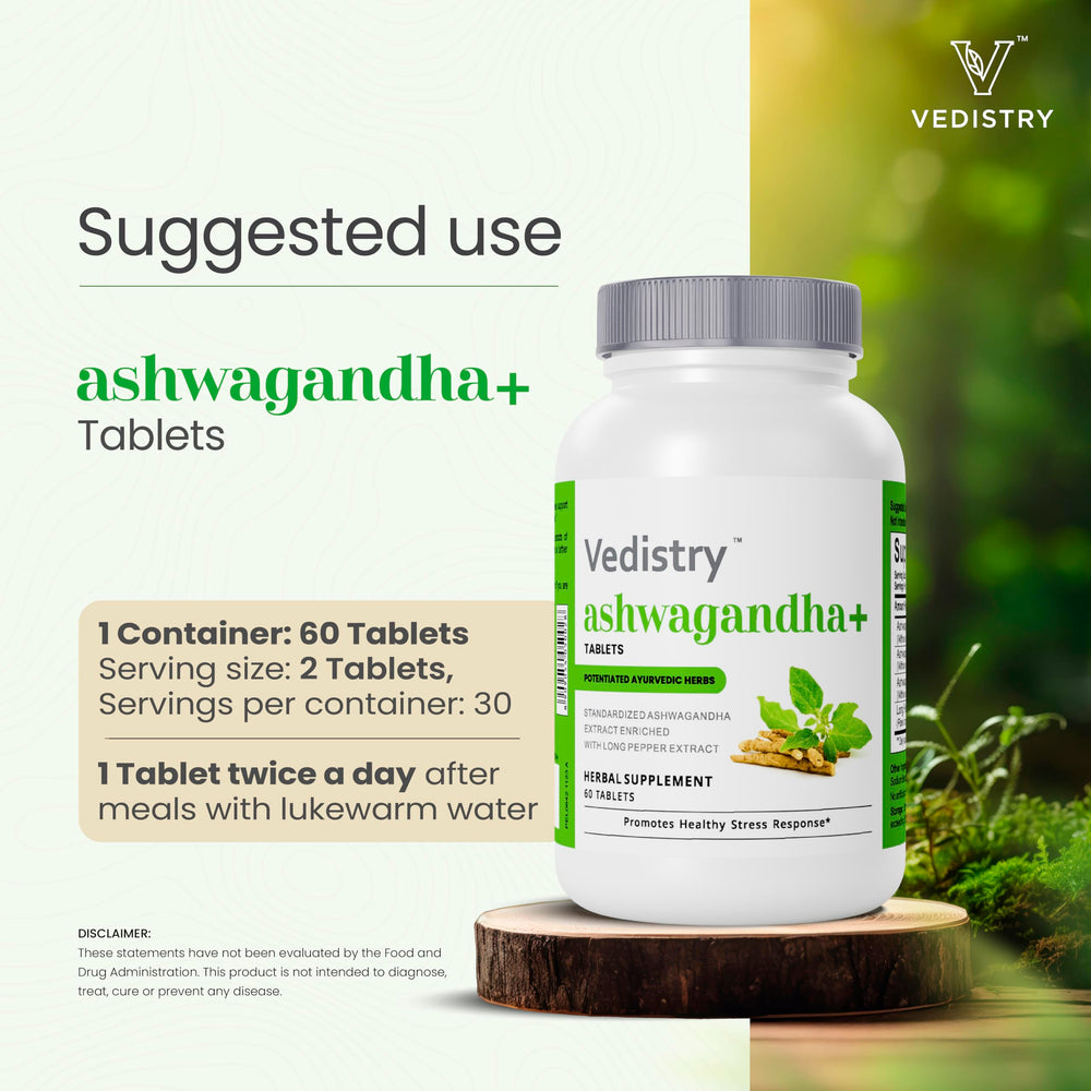 Vedistry Ashwagandha+ bottle with glossy label—premium Ayurvedic supplement from Charak Group.