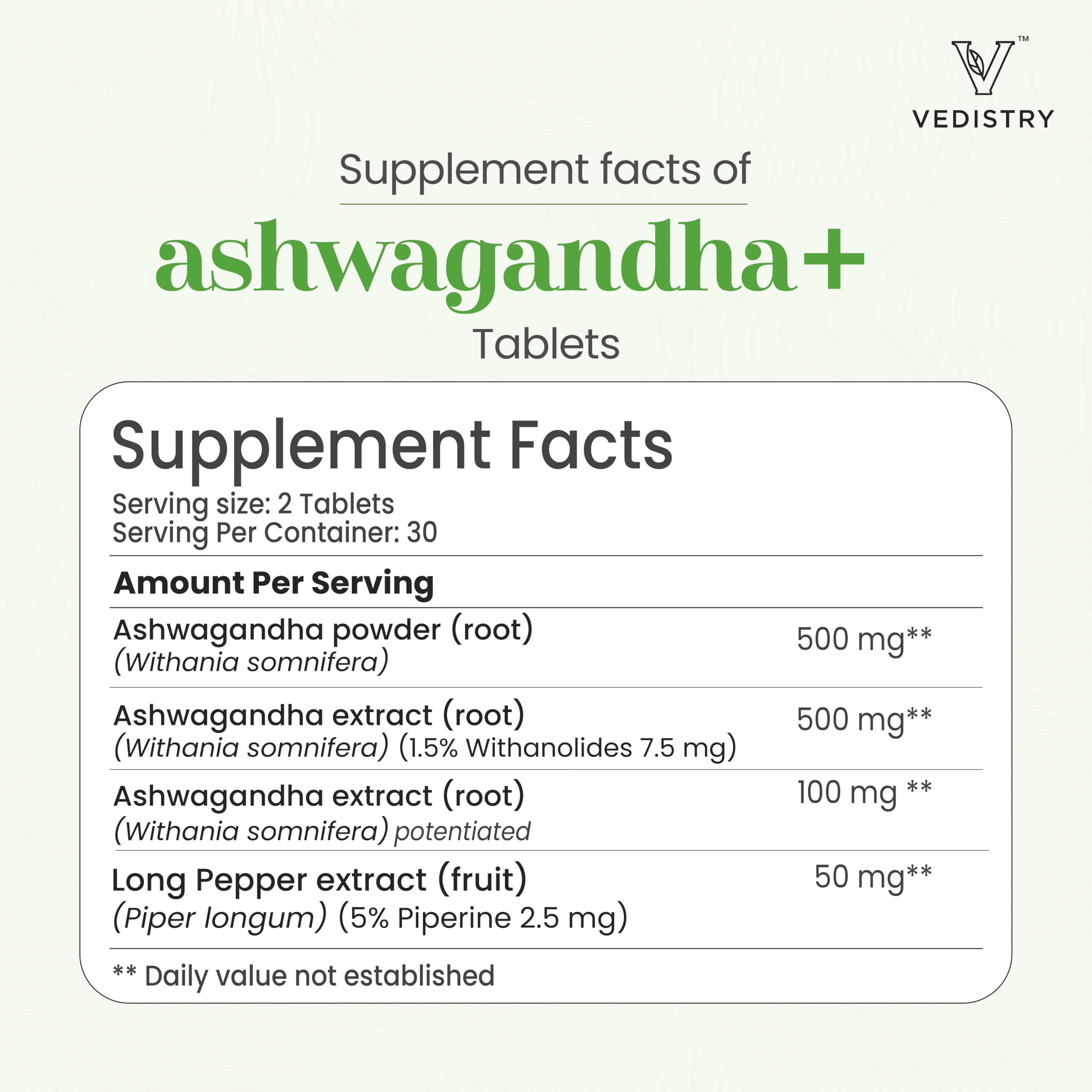 Vedistry Ashwagandha+ packaging scene—professional quality in controlled environment.