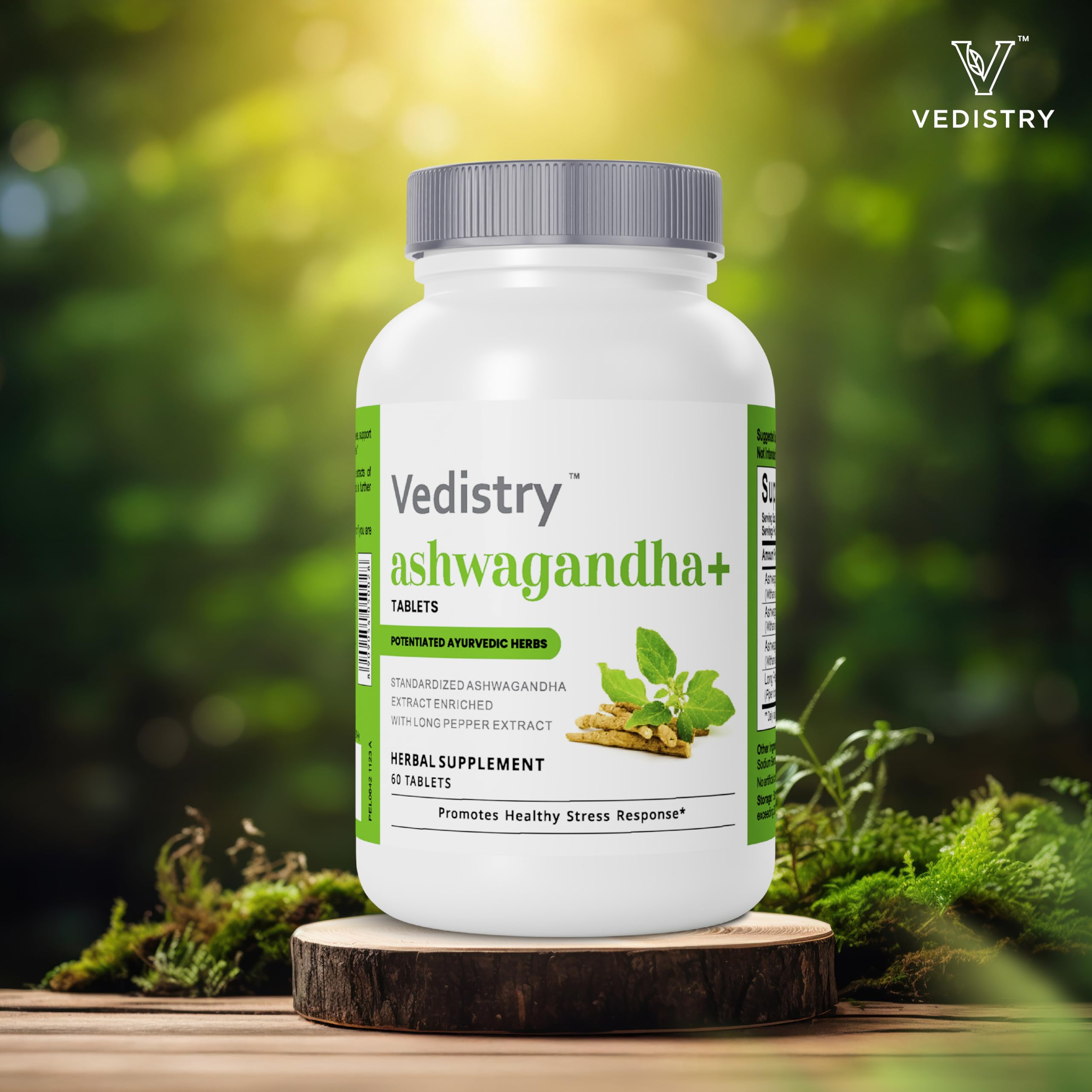 Vedistry Ashwagandha+ vegan capsules—easy daily use and convenience.