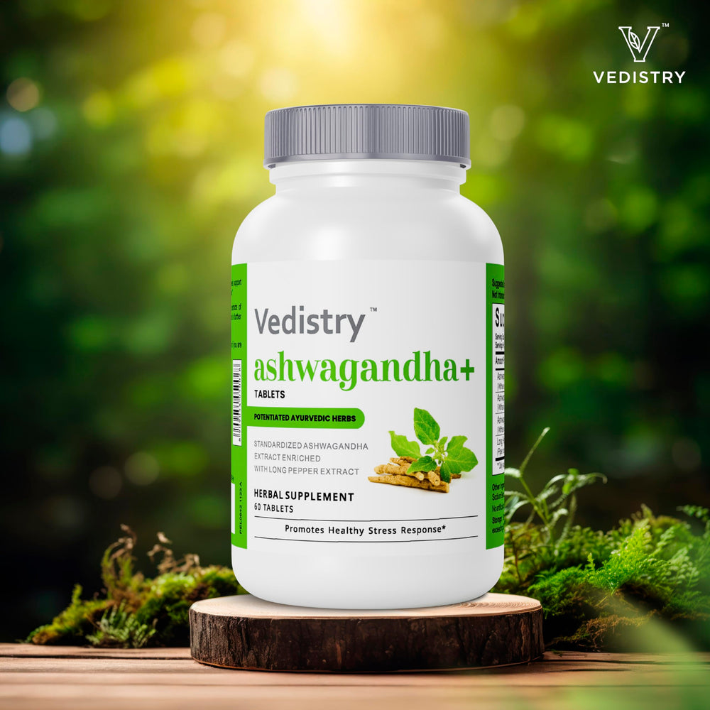 Vedistry Ashwagandha+ vegan capsules—easy daily use and convenience.