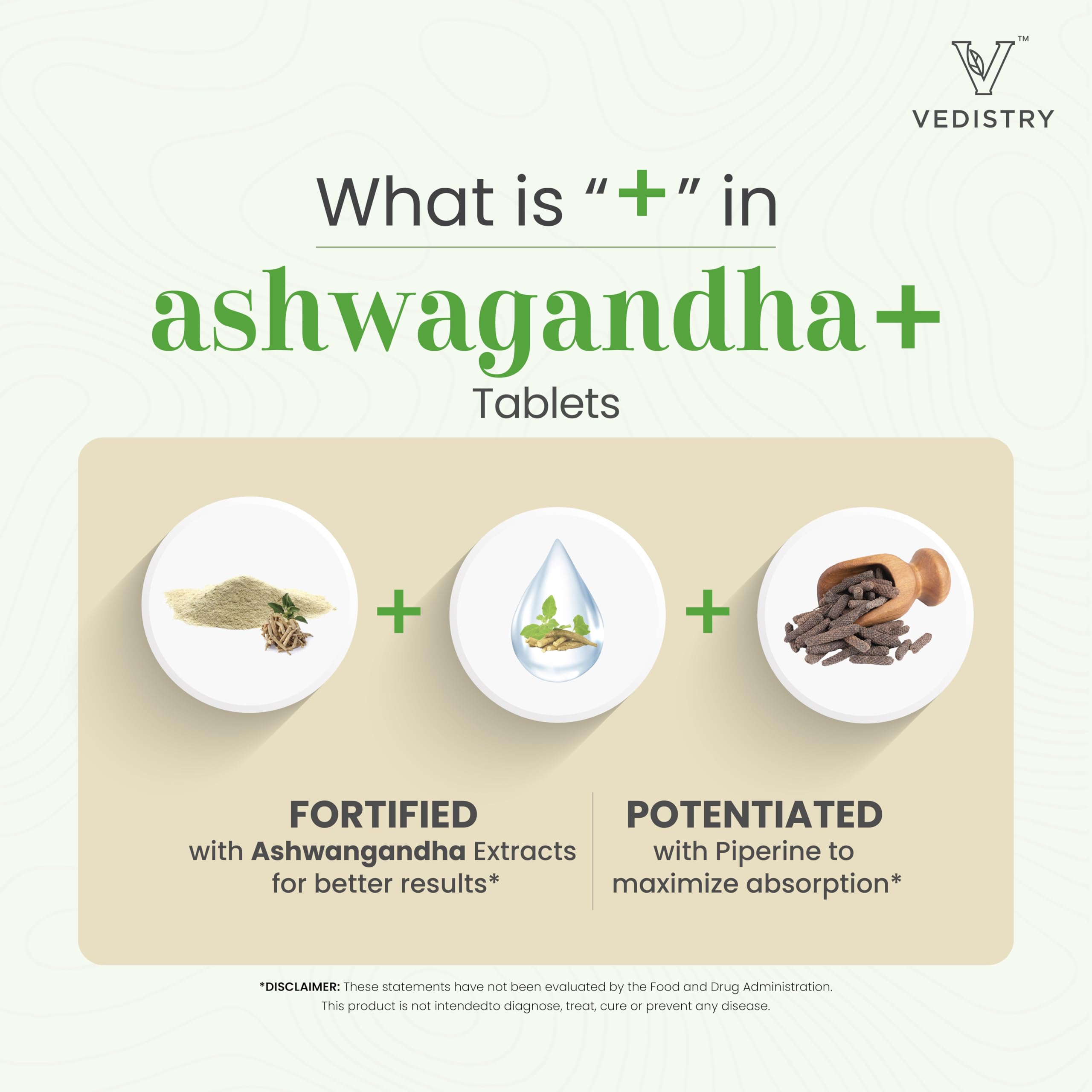 Vedistry Ashwagandha+ vegan label—plant-based formula, free from common allergens.