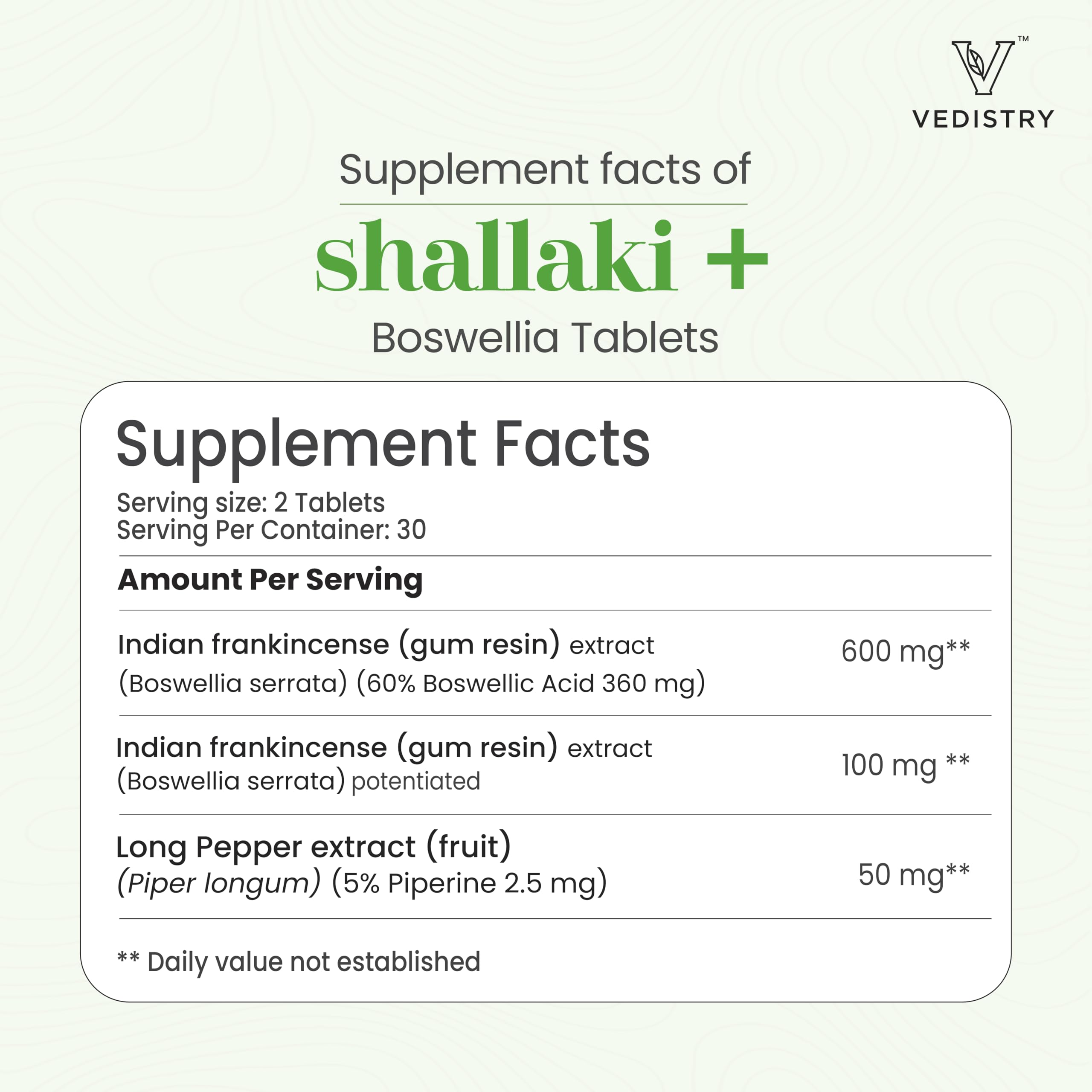 Vedistry Shallaki Boswellia daily-dosage image implies simple routine
