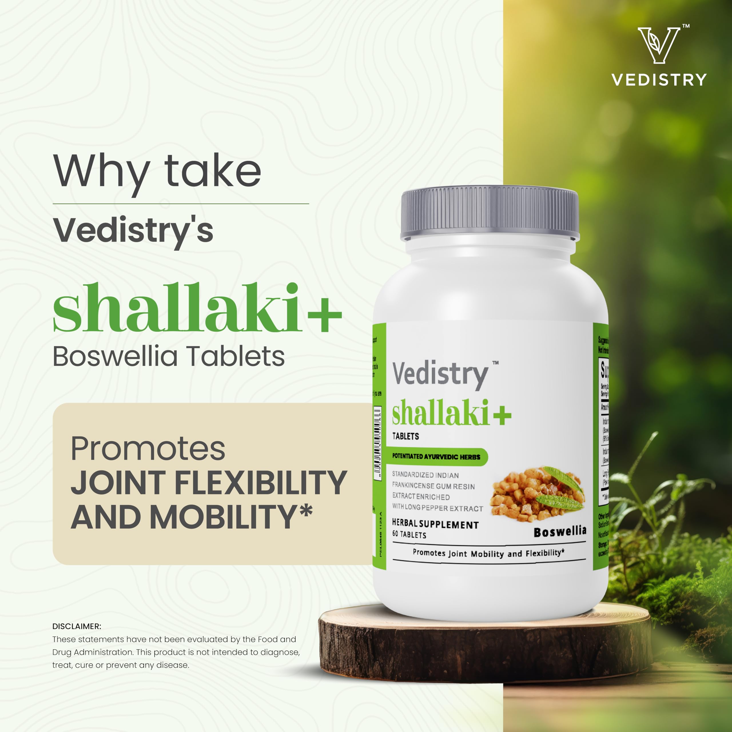 Vedistry Shallaki Boswellia tablets close-up showing compact daily form