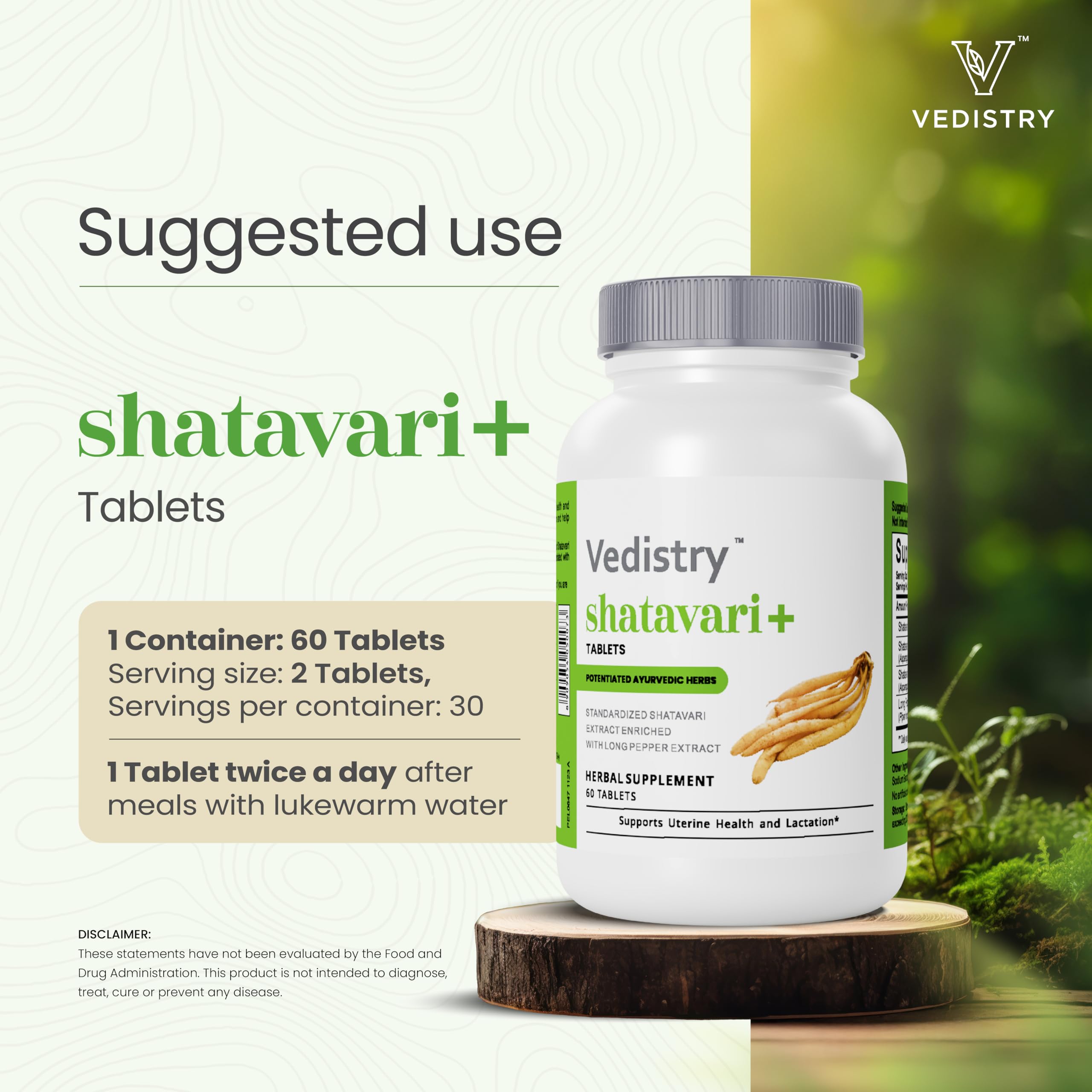 Vedistry Shatavari+ label back explains ingredients and directions.
