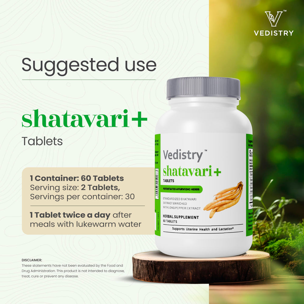 Vedistry Shatavari+ label back explains ingredients and directions.