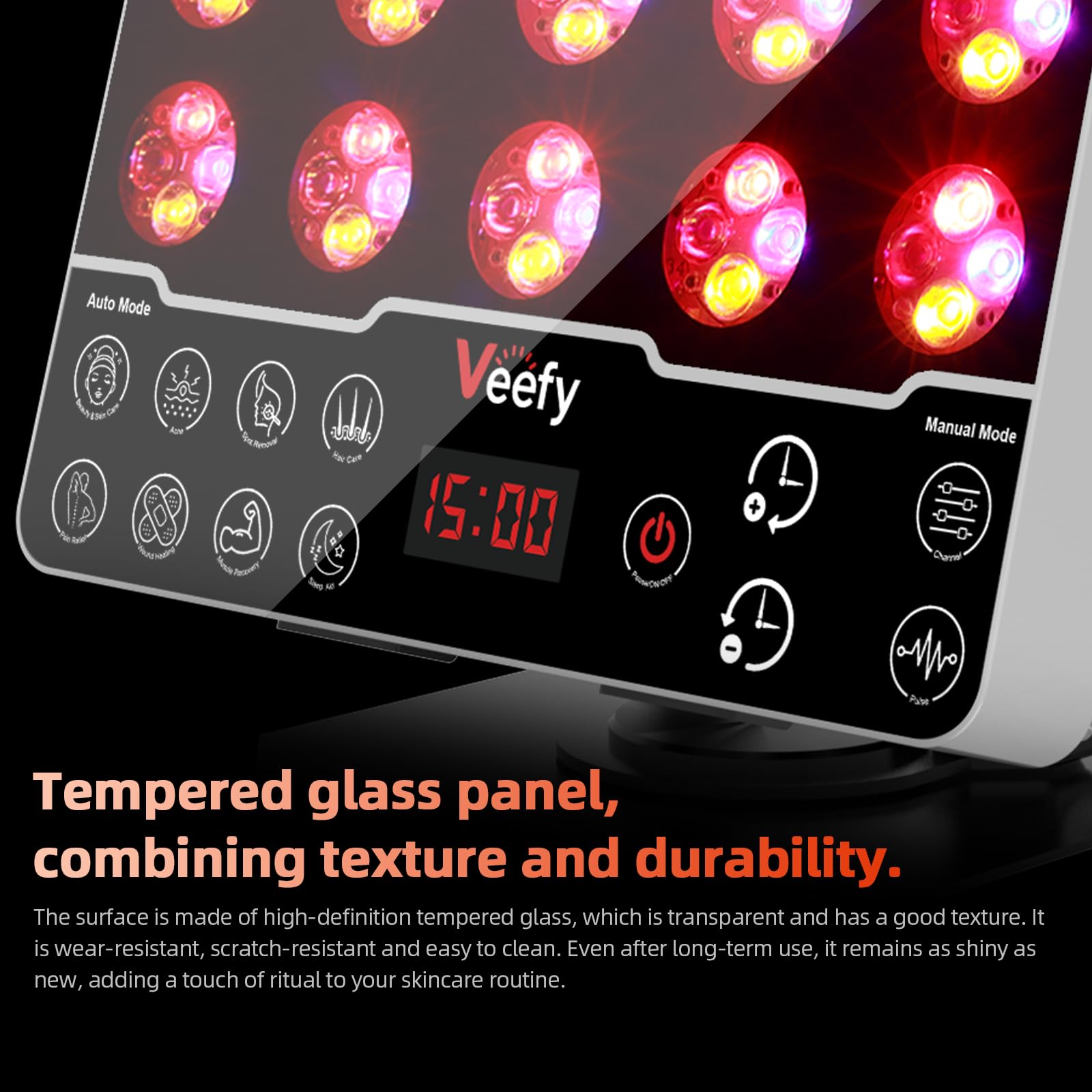 Veefy red light panel in use for full body relief and circulation.