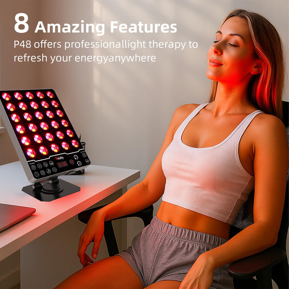 Veefy red light panel timer display shows adjustable session length.
