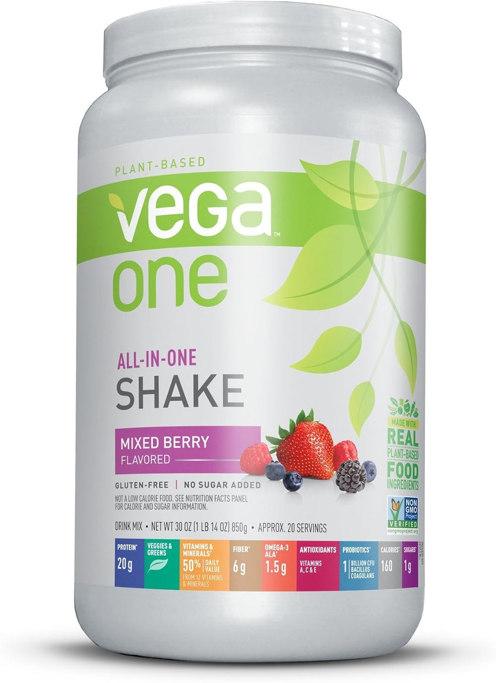 Vega One Berry shake bottle, convenient plant-based meal replacement.