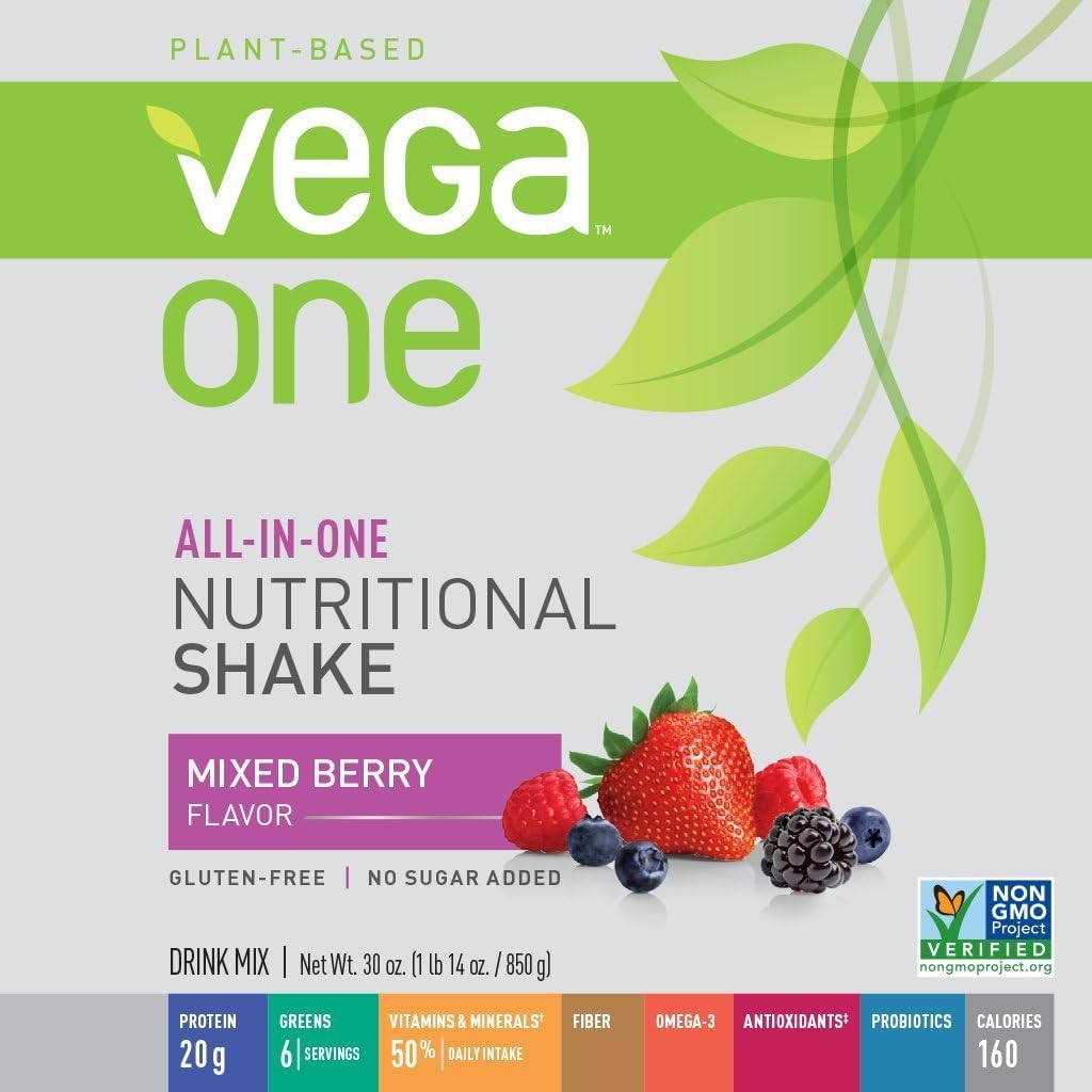 Vega One Berry shake glass ready for a quick, nutritious smoothie.