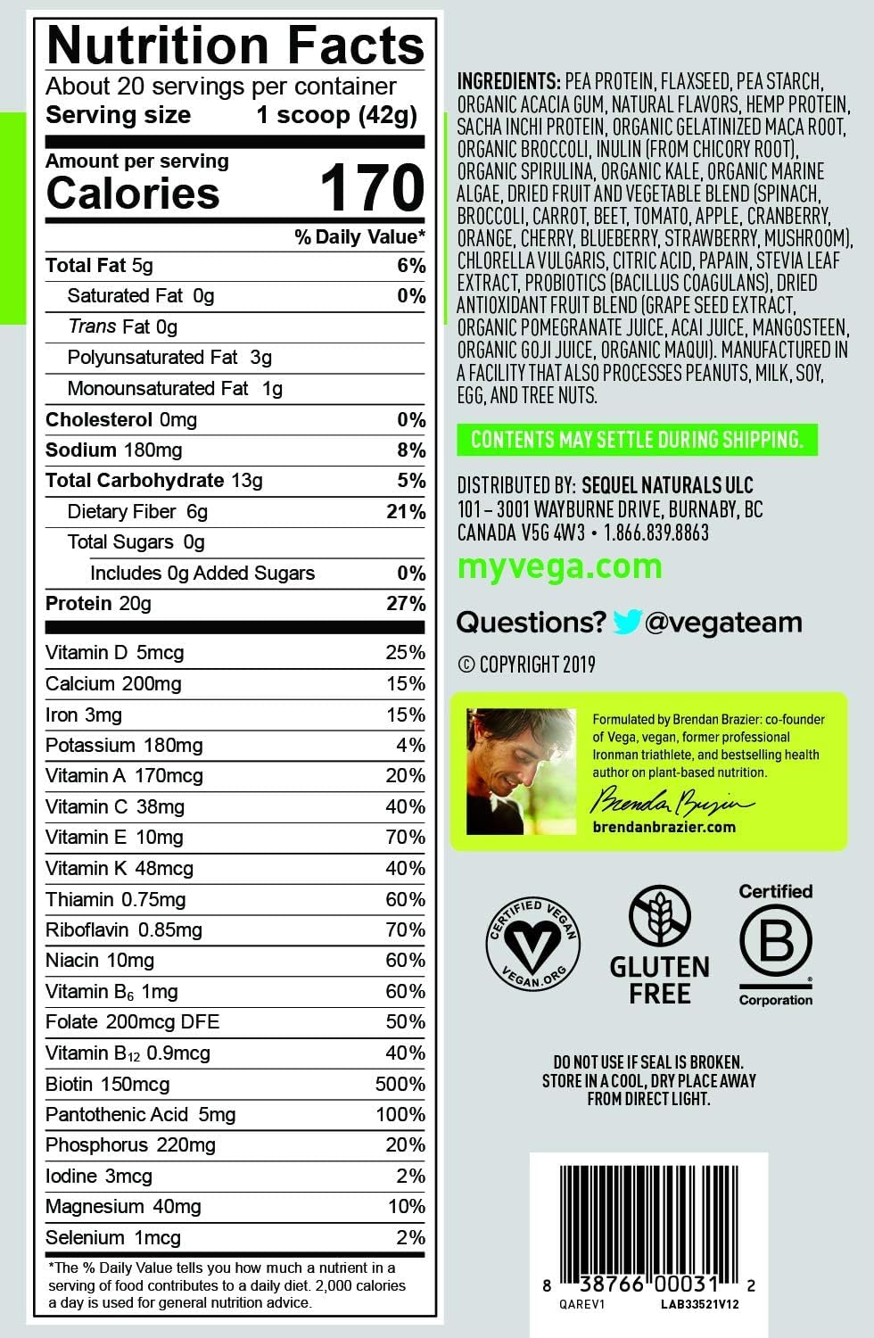 Vega One fiber-omega-probiotics panel suggesting digestive support and antioxidants.