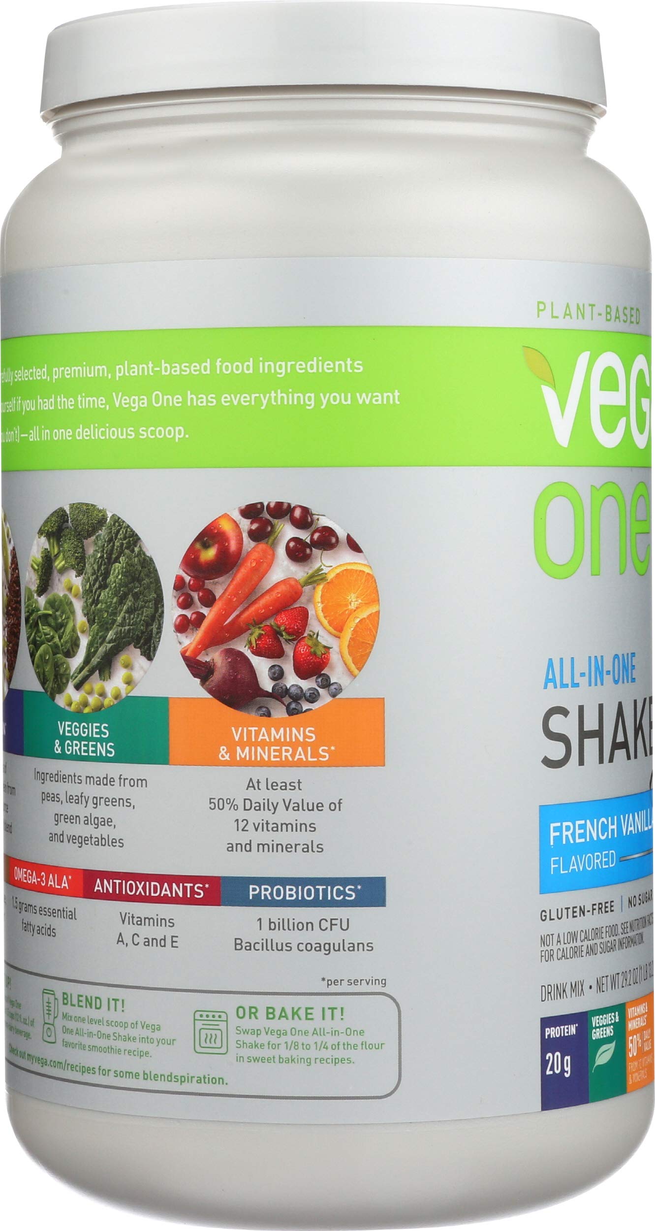 Measuring scoop beside the Vega One tub emphasizes protein per serving.