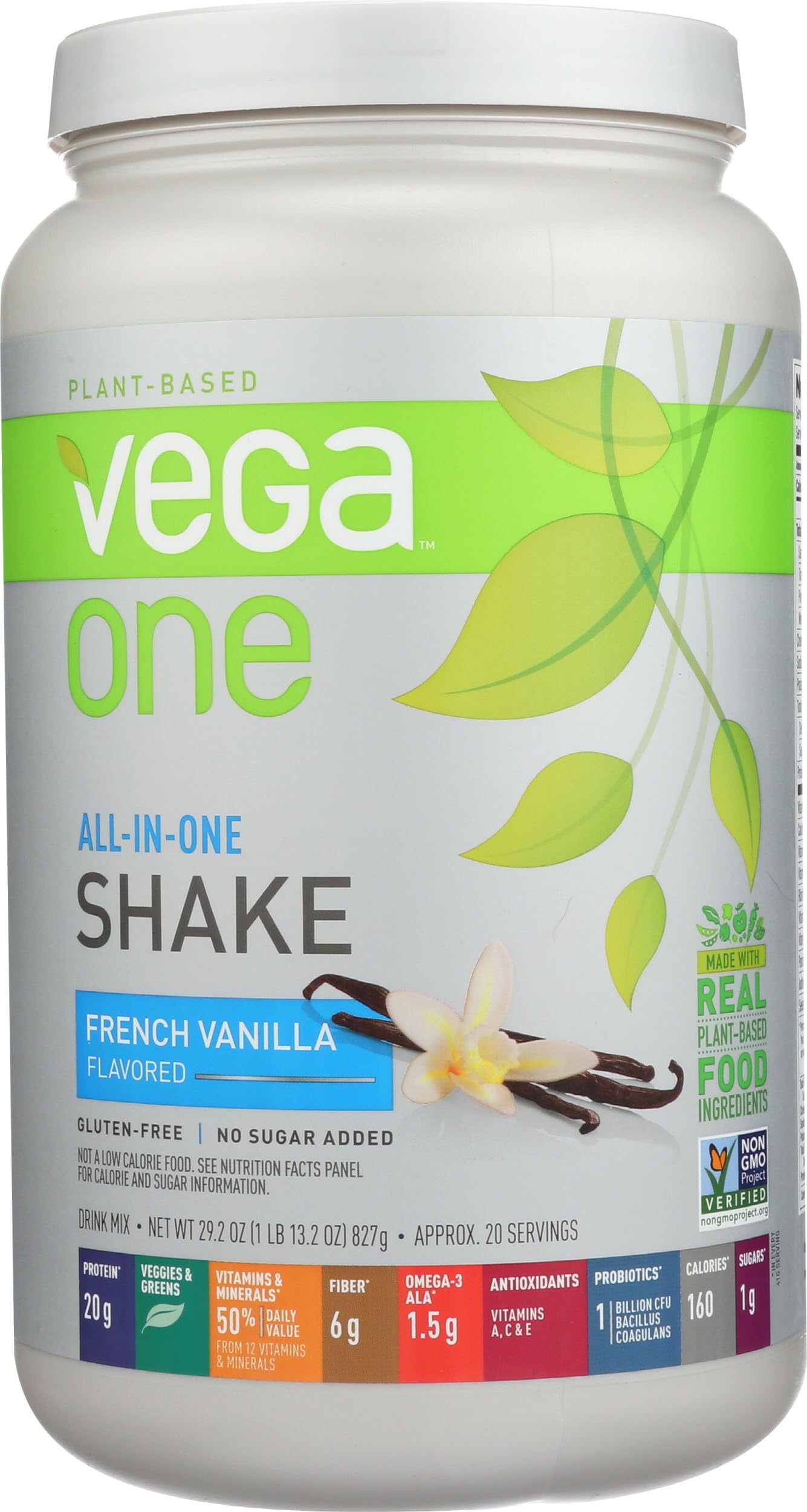 Vega One French Vanilla tub with scoop highlighting plant-based protein blend for a quick meal replacement.