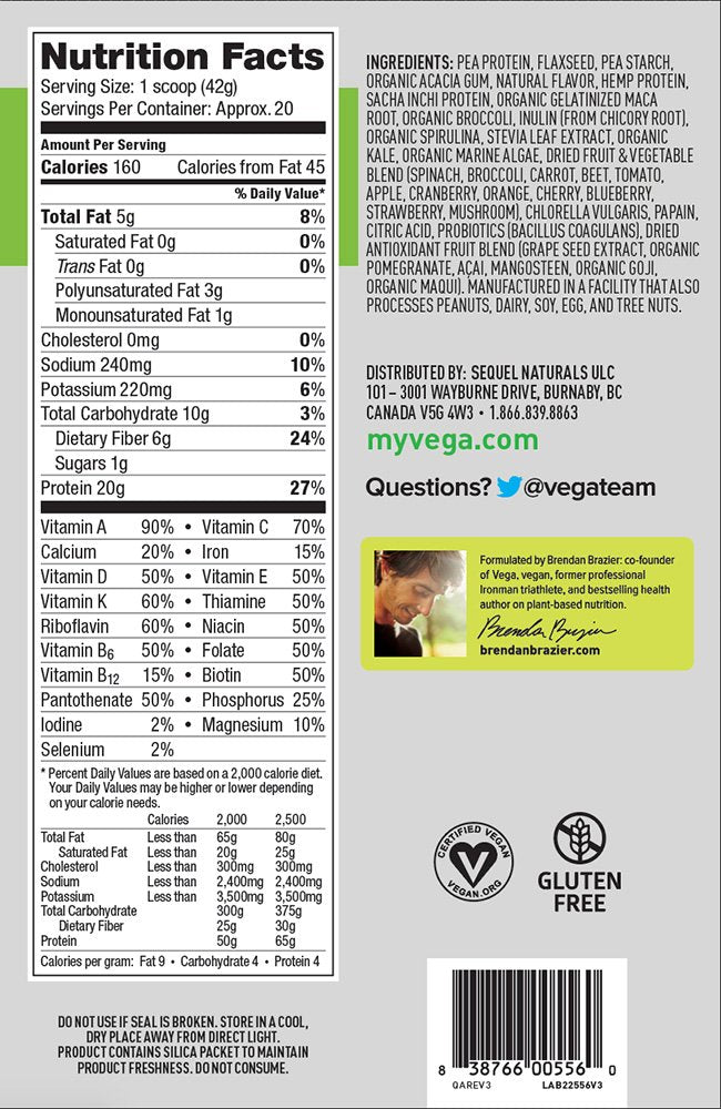 Vega One greens ingredients label communicates vitamins and minerals for daily balance.