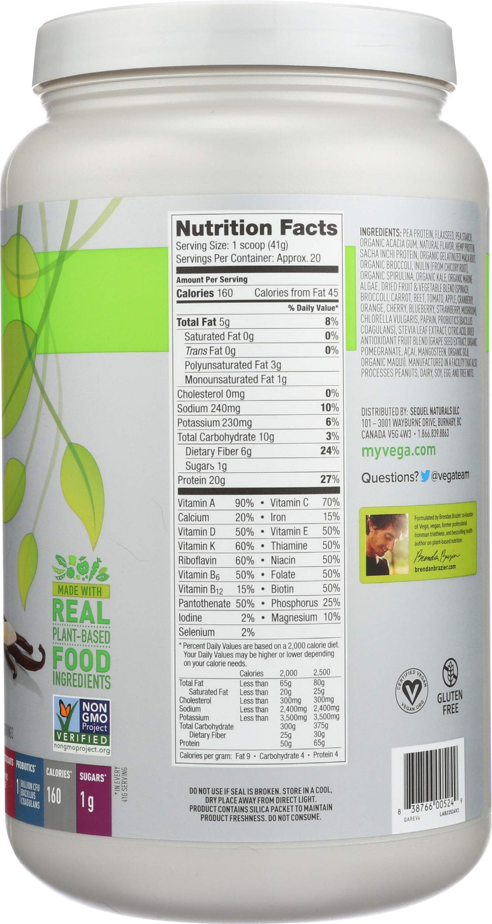 Packaging shows Non-GMO and vegan certifications on Vega One packaging.