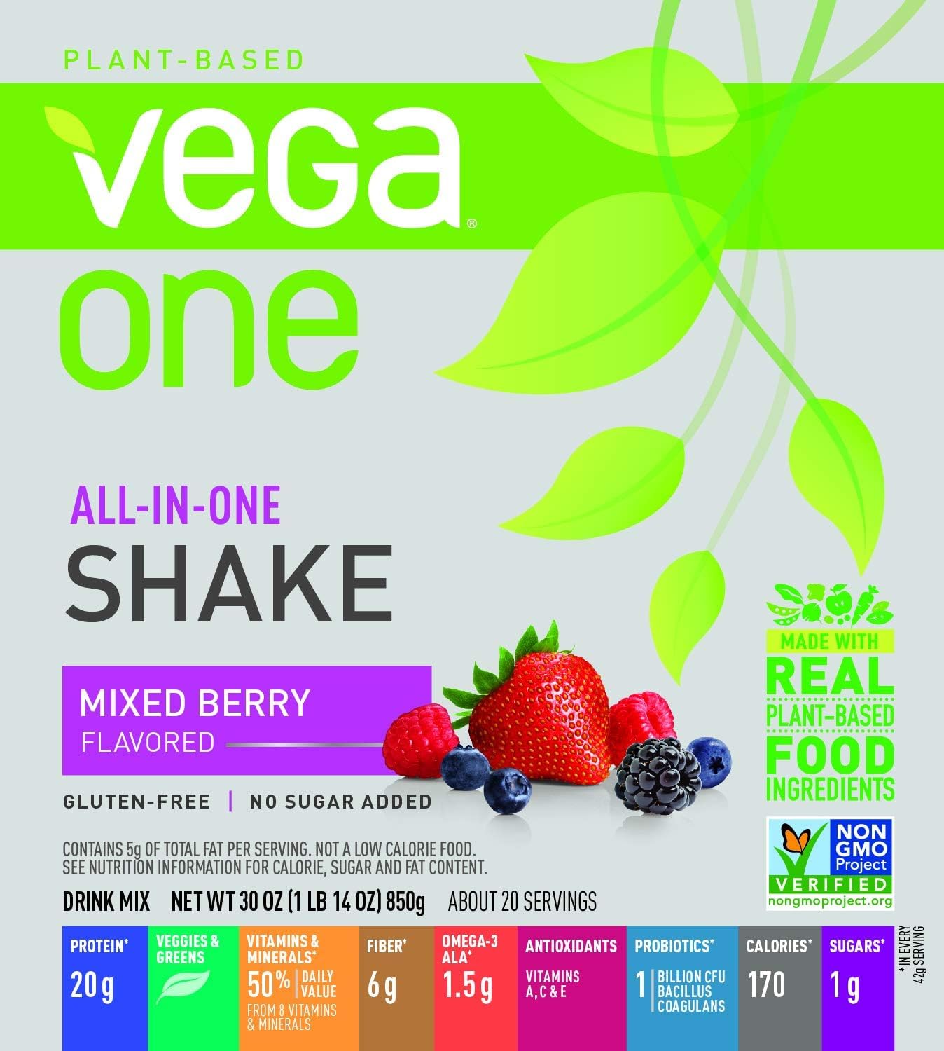 Vega One plant-protein scoop highlights 20 g protein per serving.