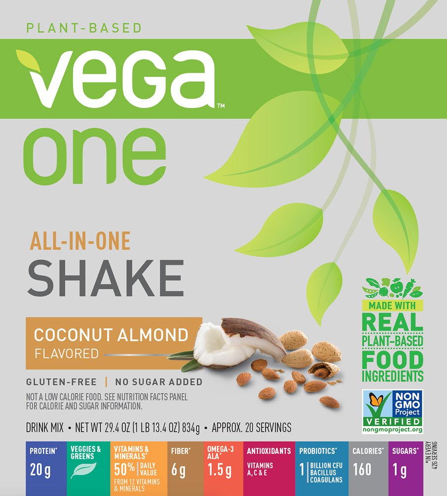 Vega One powder being blended with fruit demonstrates a convenient meal replacement option.