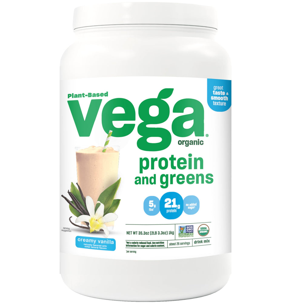 Vega Organic Protein & Greens Creamy Vanilla scoop fuels your day with plant-based protein