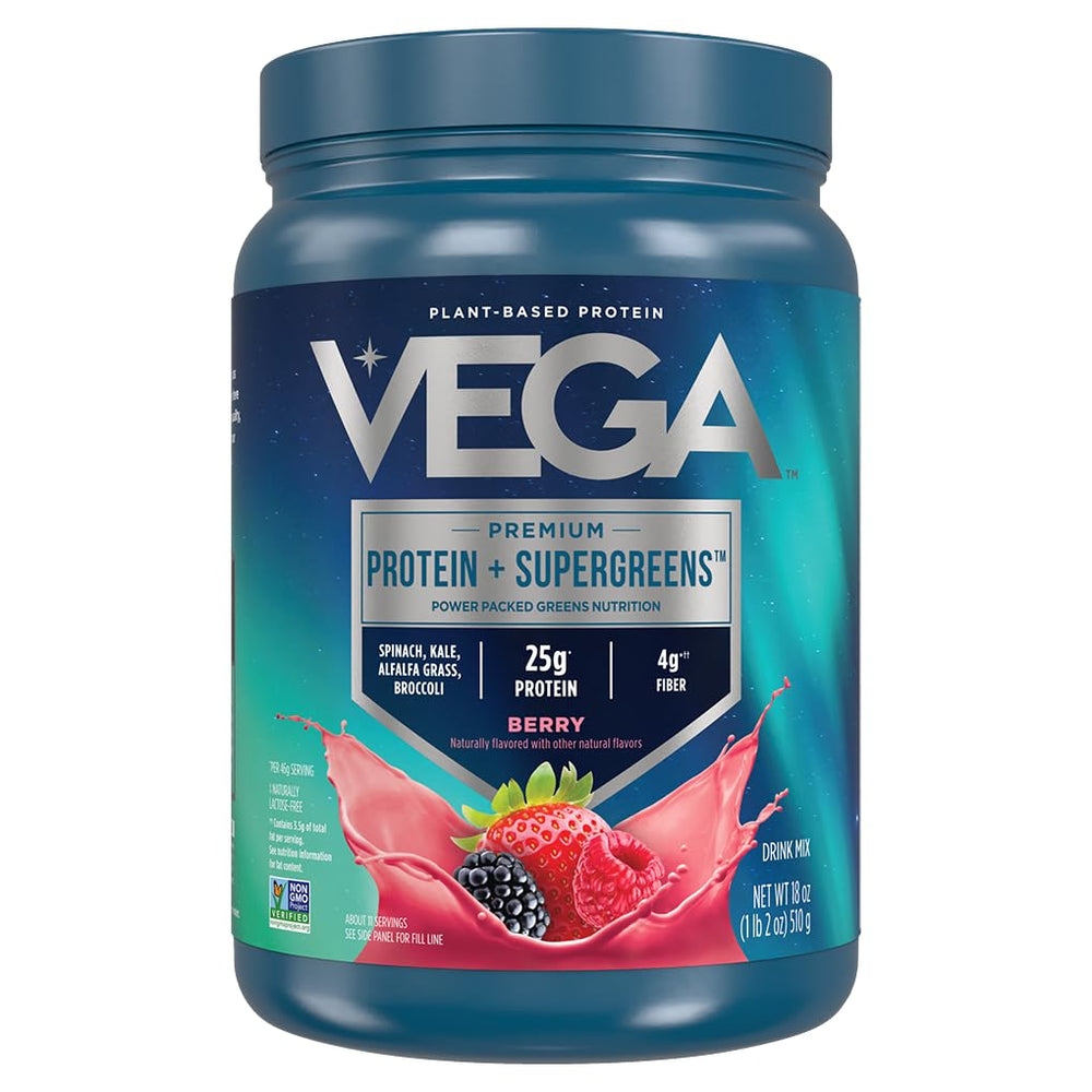 Vega Protein and Greens mixed berry tub front showing plant-based protein option for mornings