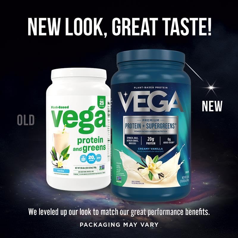 Nutritional panel on Vega Protein and Greens tub highlighting vegan and non-GMO certifications