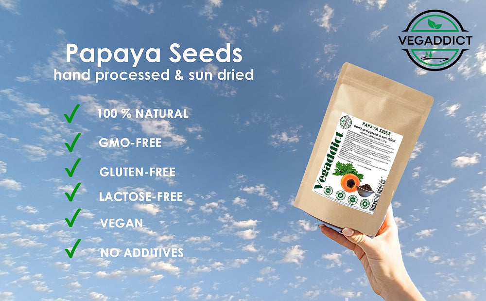Vegaddict papaya seeds highlight high papain content for enzyme-rich use