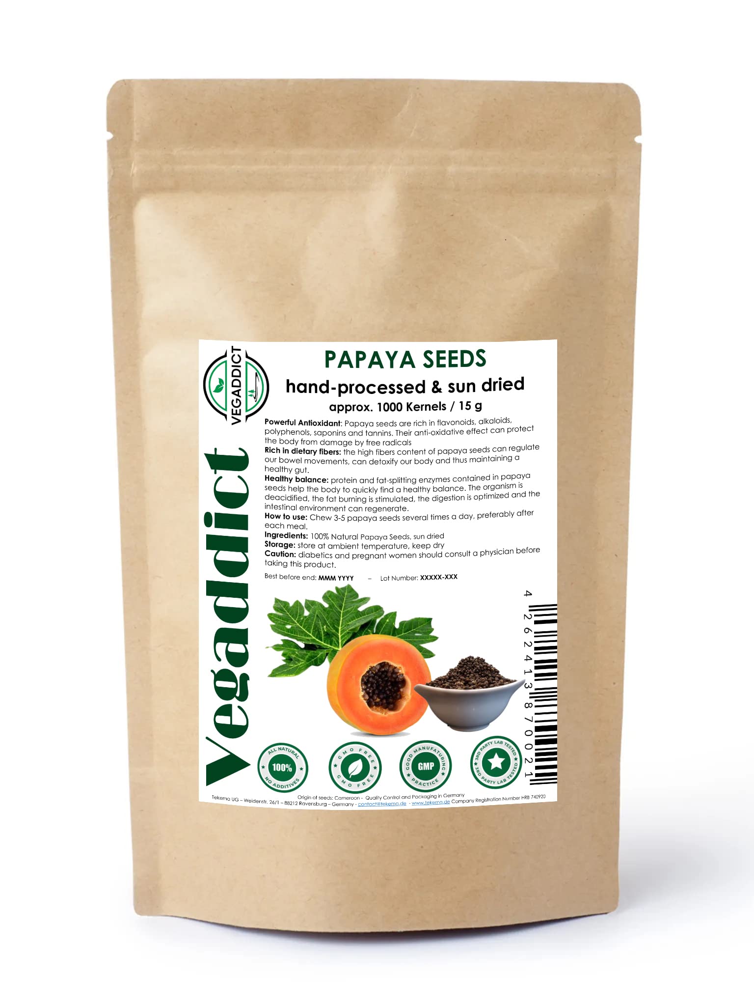 Vegaddict sun-dried papaya seeds show natural drying for purity and flavor
