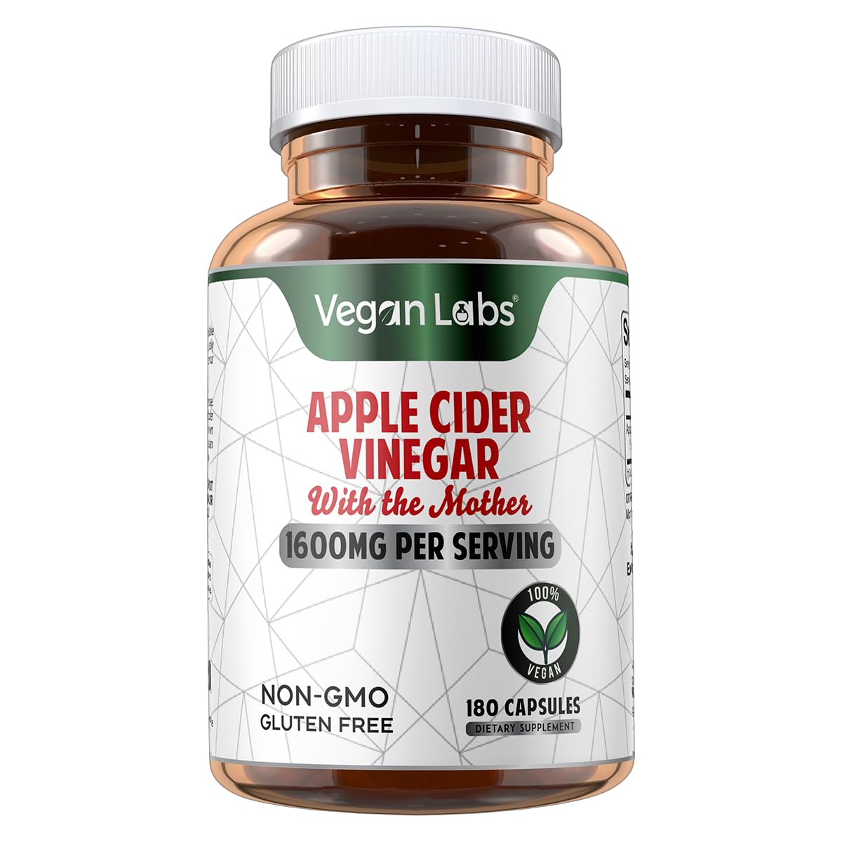 Closeup of Vegan Labs Apple Cider Vinegar Capsules bottle with The Mother.