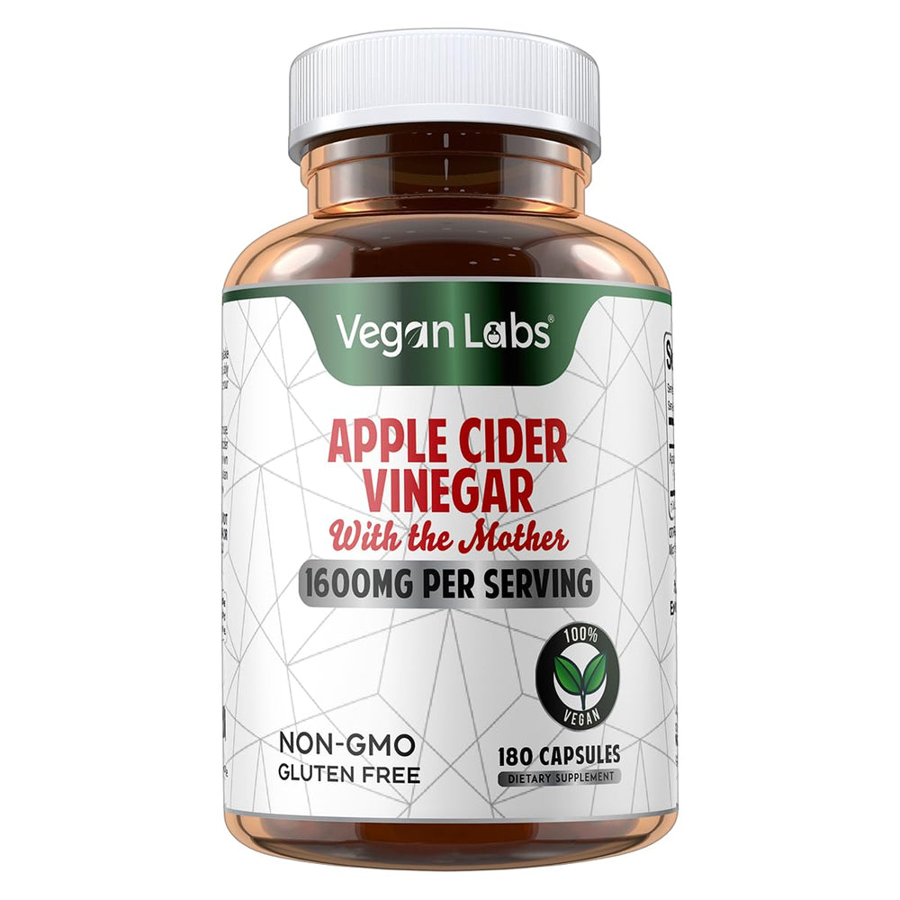 Closeup of Vegan Labs Apple Cider Vinegar Capsules bottle with The Mother.