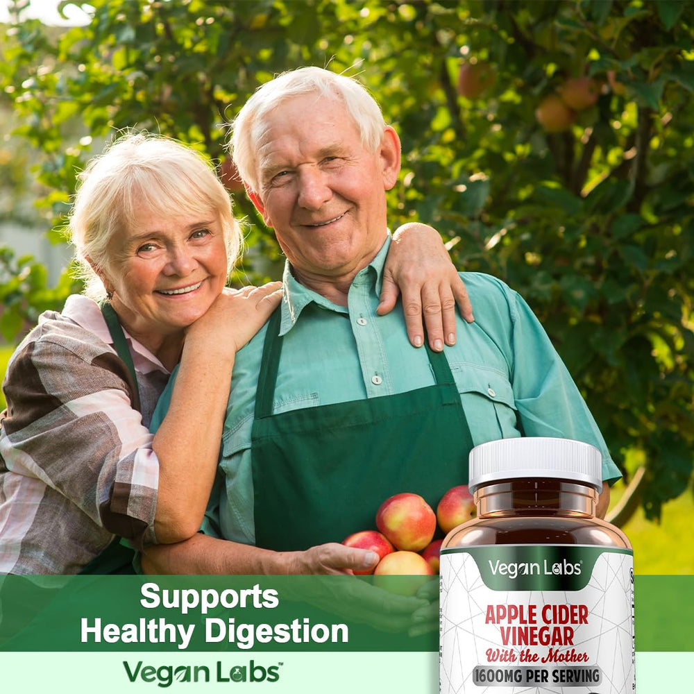 Label detail shows Vegan Labs Apple Cider Vinegar capsules at 1600 mg per serving.