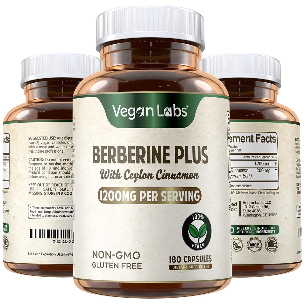 Vegan Labs Berberine HCL bottle front with 180 vegan capsules for daily wellness.