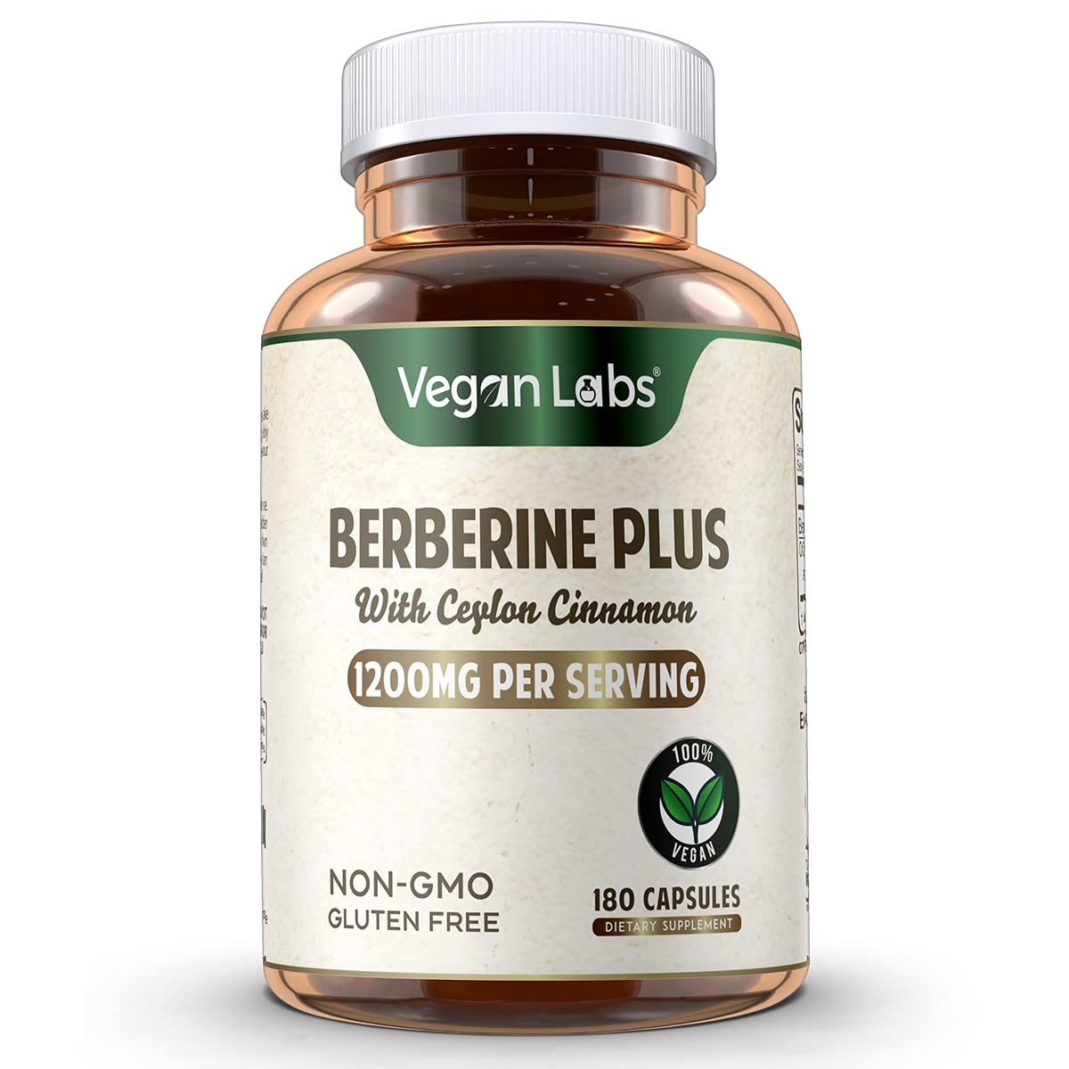 Label close-up showing 1200mg berberine HCL and 200mg cinnamon per serving for cardiovascular support.