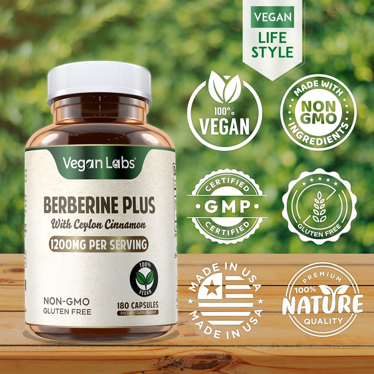 Ingredients list for Vegan Labs Berberine HCL showing all natural, gluten-free, soy-free ingredients.