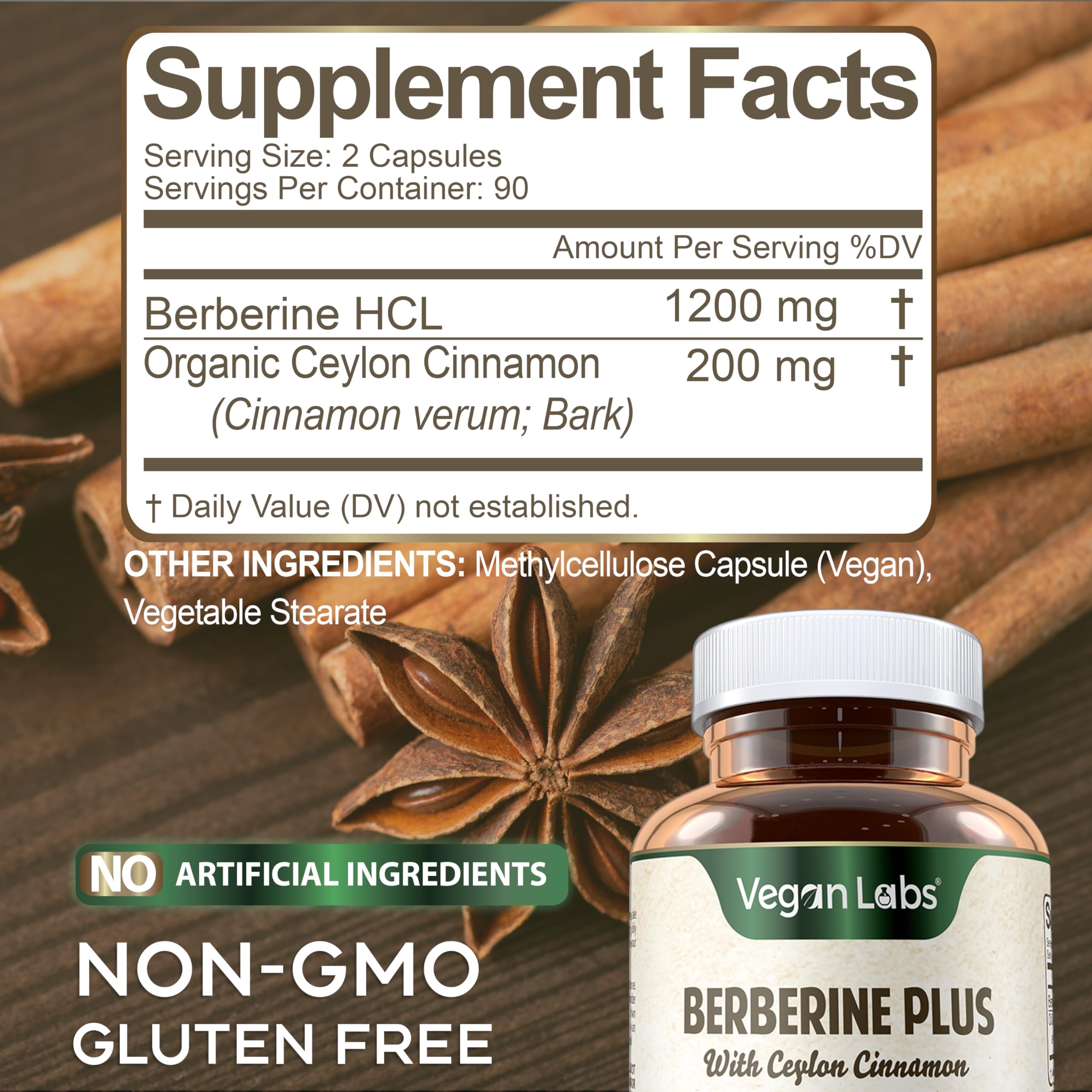 Packaging shot of Vegan Labs Berberine HCL highlighting three-month supply.