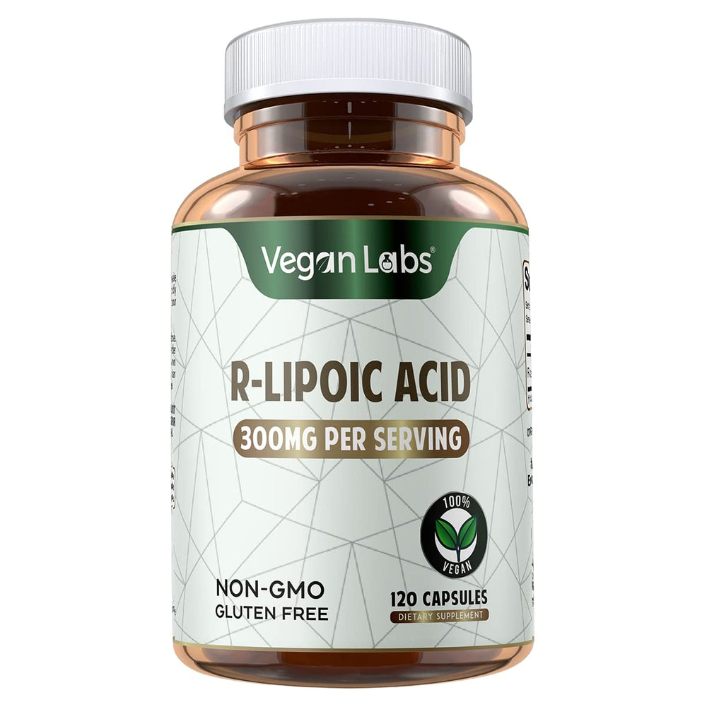 Vegan Labs R-Lipoic Acid 300MG capsules close-up showing vegan, non-GMO formula.