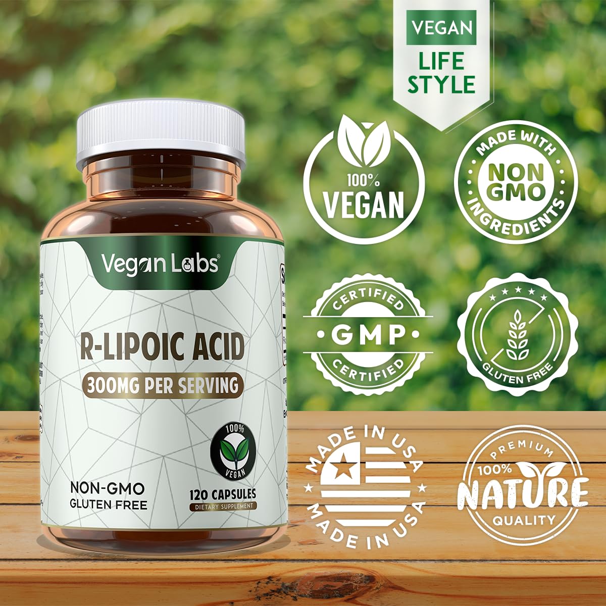 Vegan Labs R-Lipoic Acid 300MG ingredients panel highlights clean ingredients.