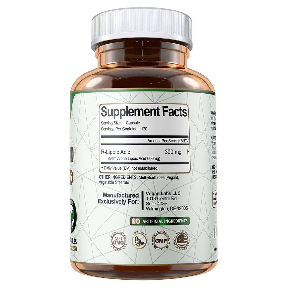 Vegan Labs R-Lipoic Acid 300MG label front emphasizing gluten-free, vegan ingredients.