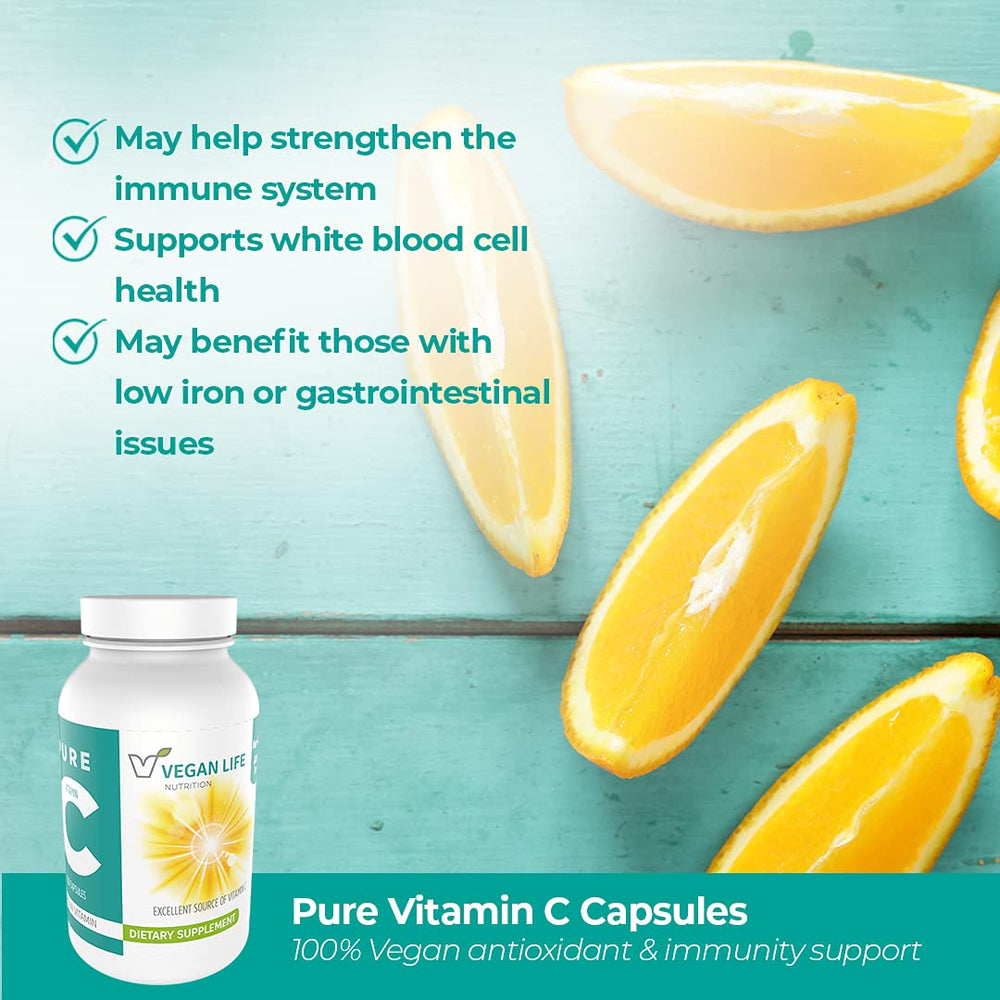 Vegan Life Nutrition Vitamin C capsules highlighting immune support benefits for daily use.